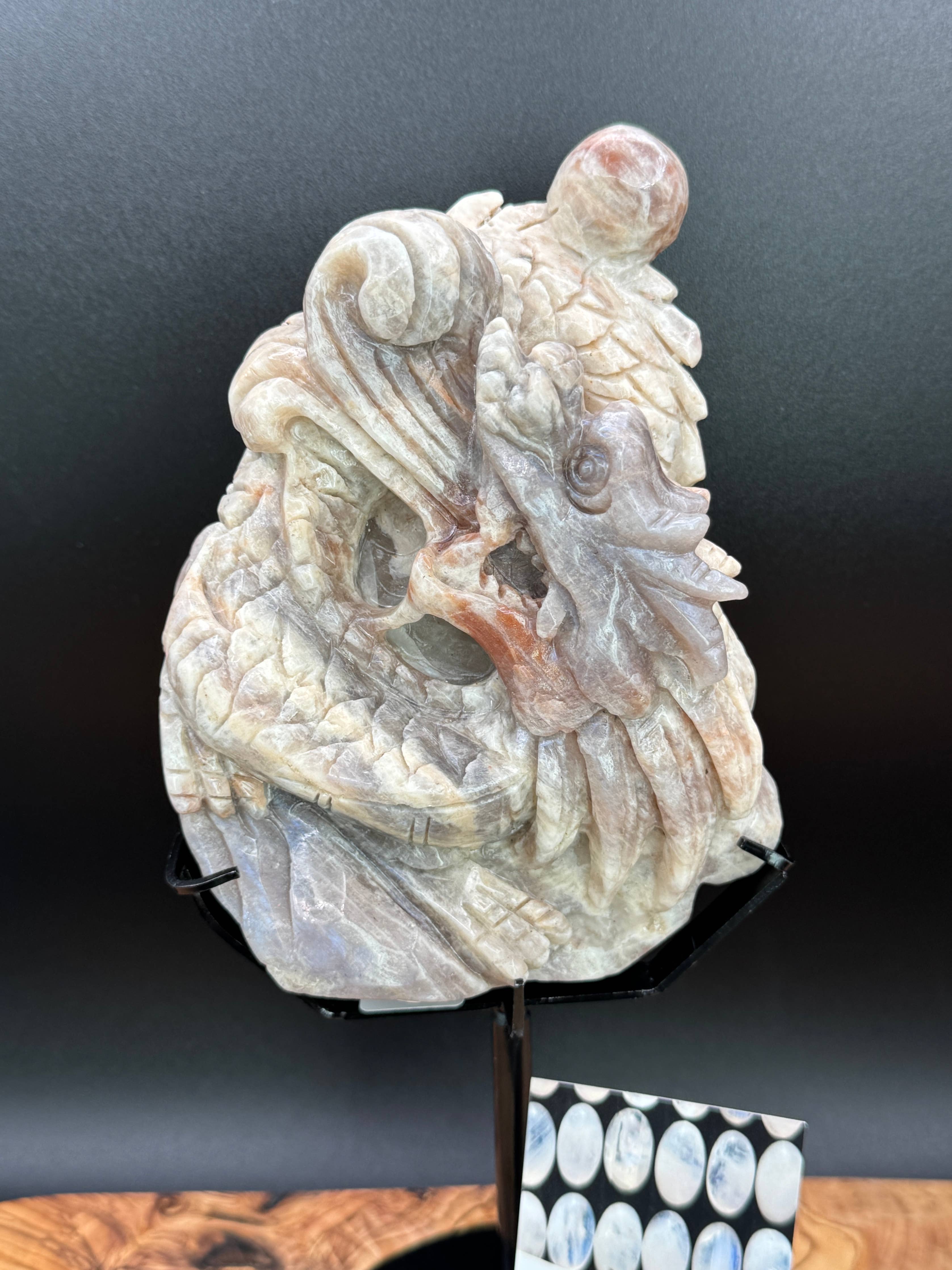 Moonstone Dragon Carving on Custom Display Stand  10 1/4"