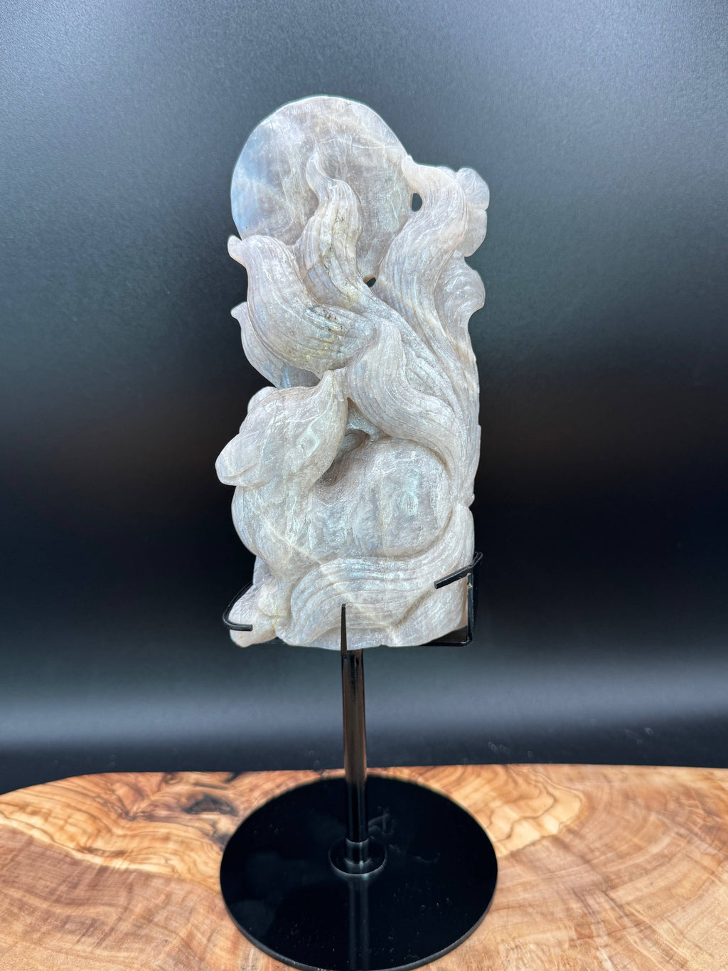 Flashy Moonstone Nine-Tailed Fox Carving on Custom Stand | 10.25" Tall | 833g
