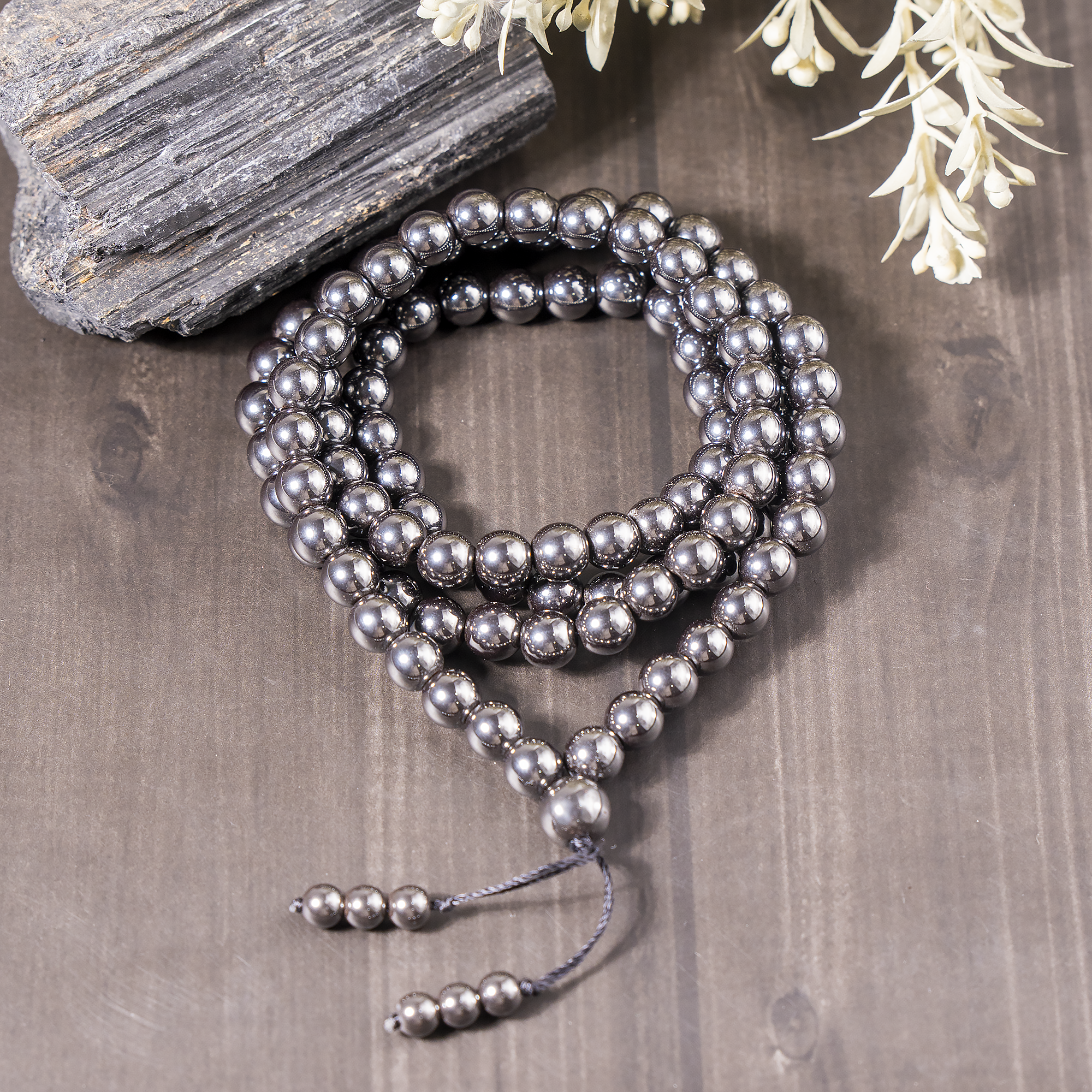Hematite 108-Bead Mala Necklace | Meditation Prayer Beads | 8mm Gemstone Mala