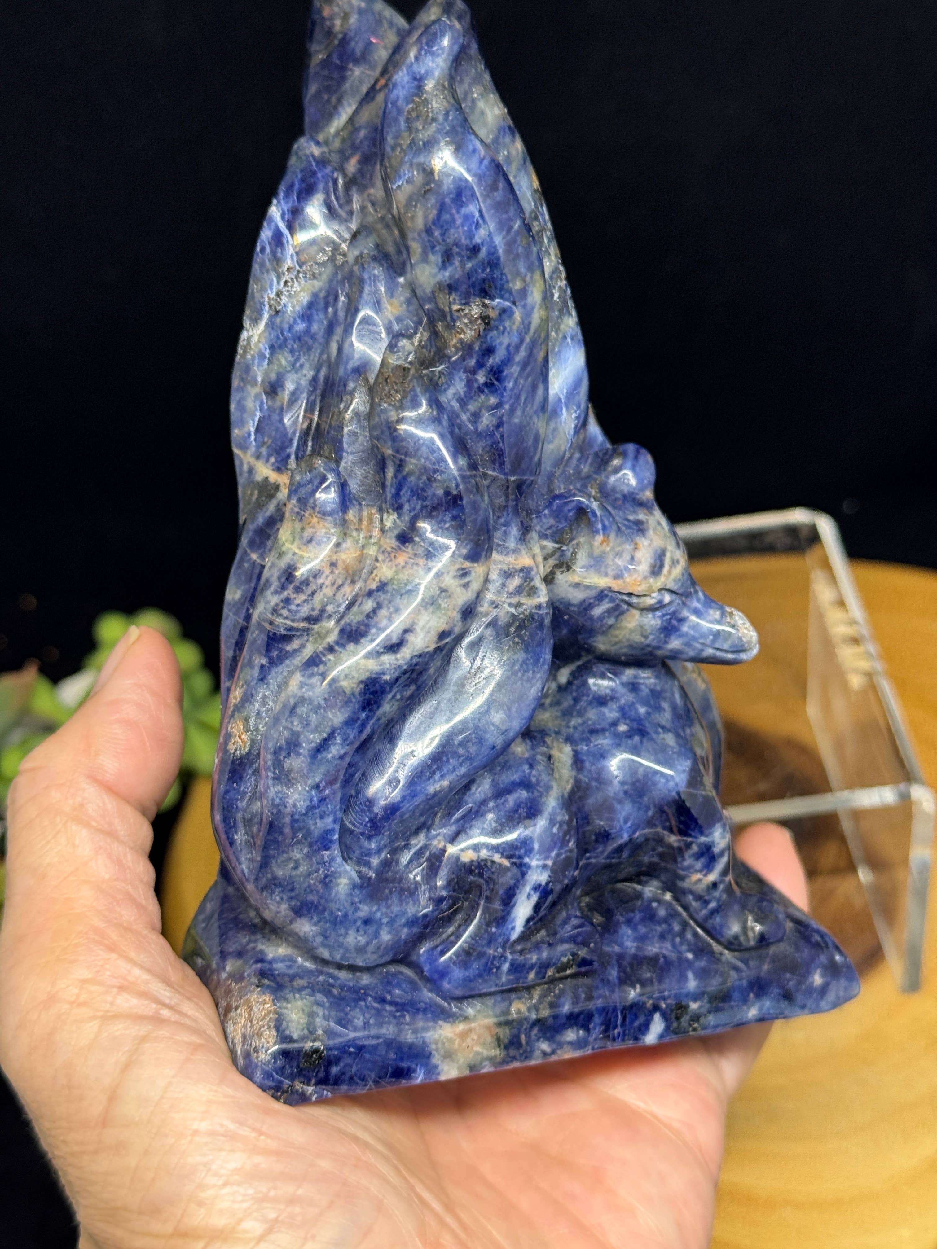 Hand Carved Sodalite Nine-Tailed Fox | Gumiho Kitsune Carving | 5¼" | Exact Piece