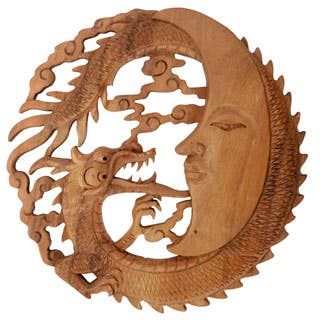 Moon & Dragon Hand-Carved Wooden Wall Plaque | Celestial Decor