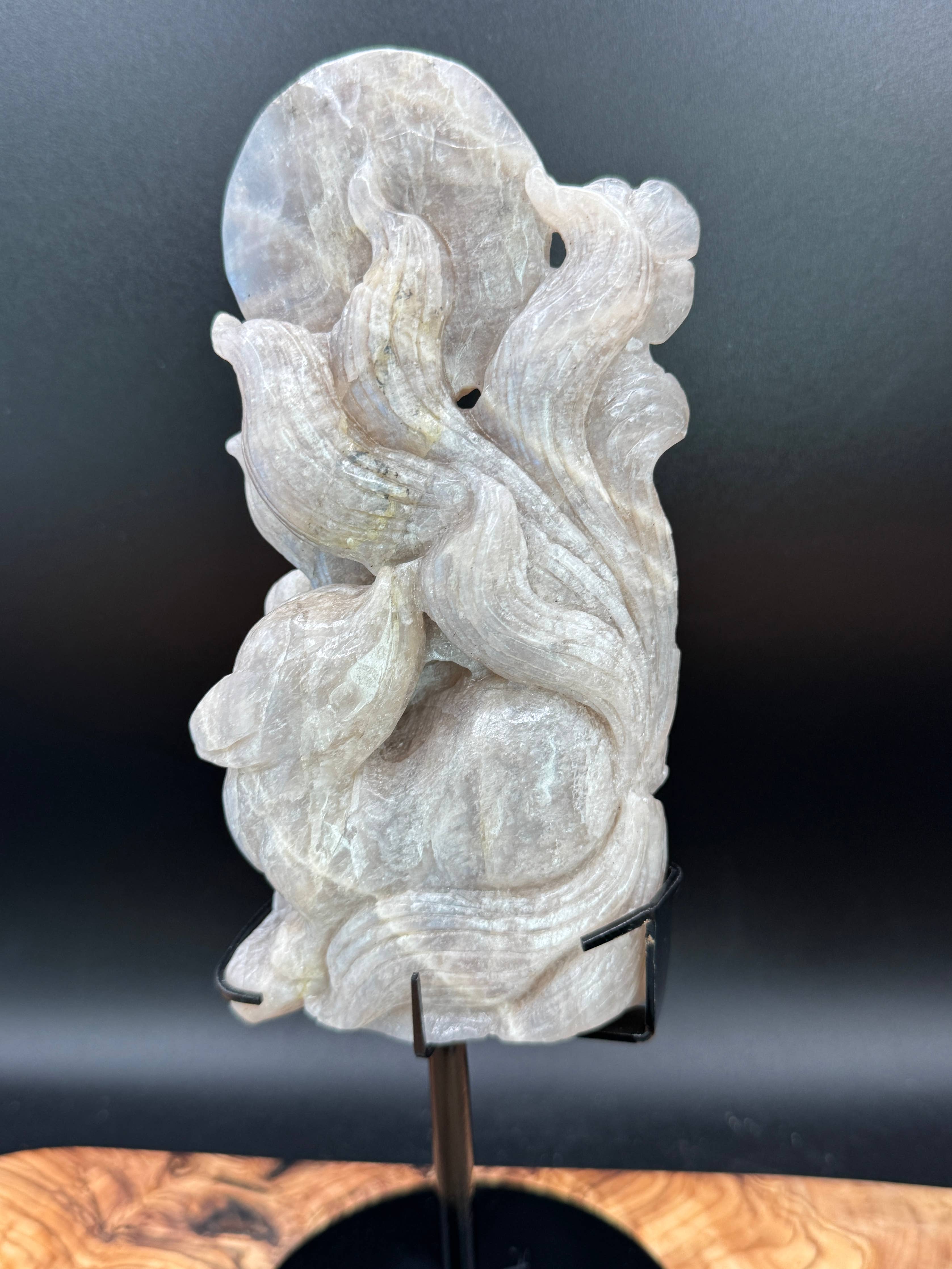 Flashy Moonstone Nine-Tailed Fox Carving on Custom Stand | 10.25" Tall | 833g