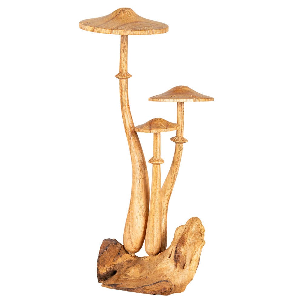 Hand-Carved Triple Mushroom Wooden Sculpture | Nature-Inspired Decor