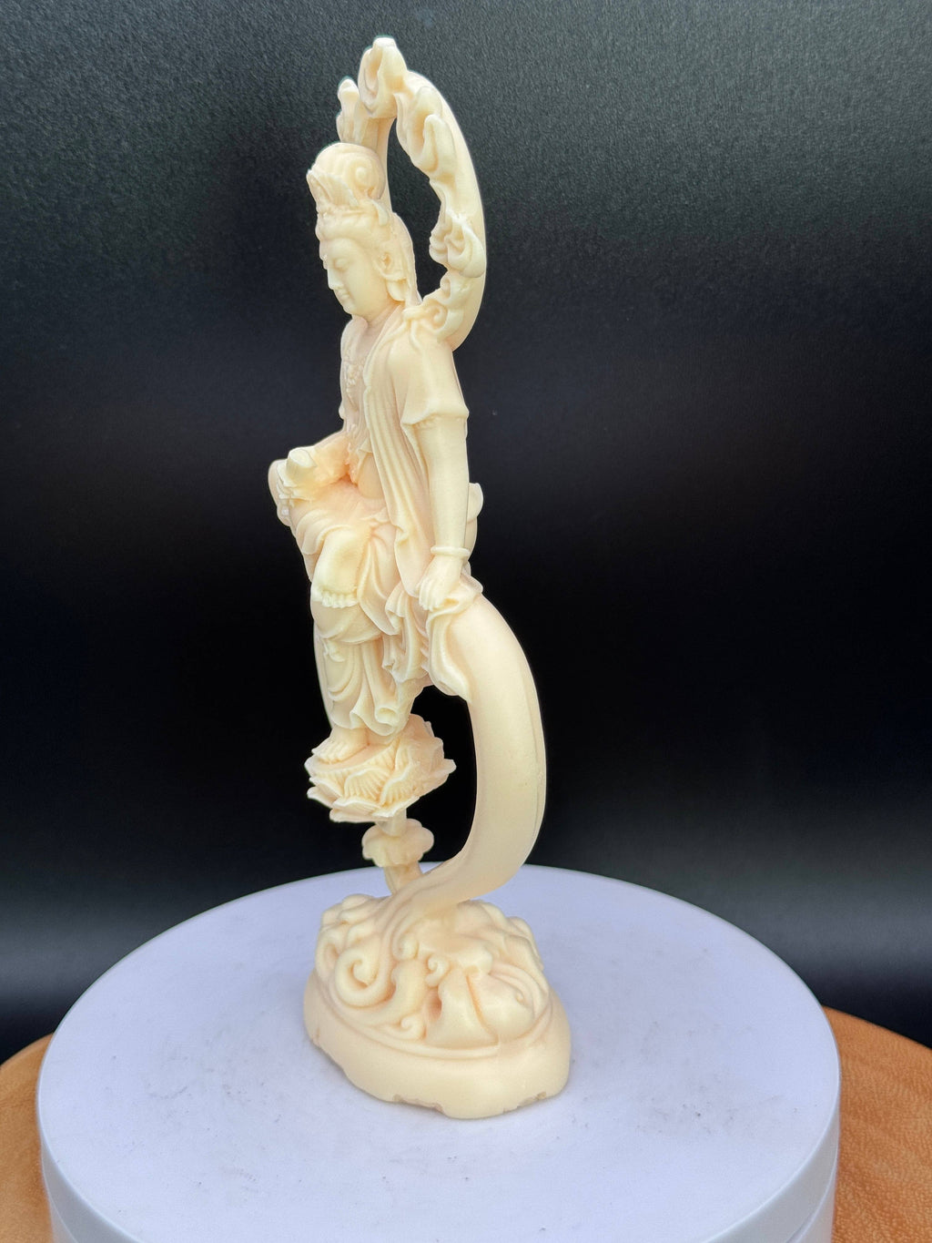 Palm nut (Tagua) Guan Yin w/ Lotus & flames 6.8"
