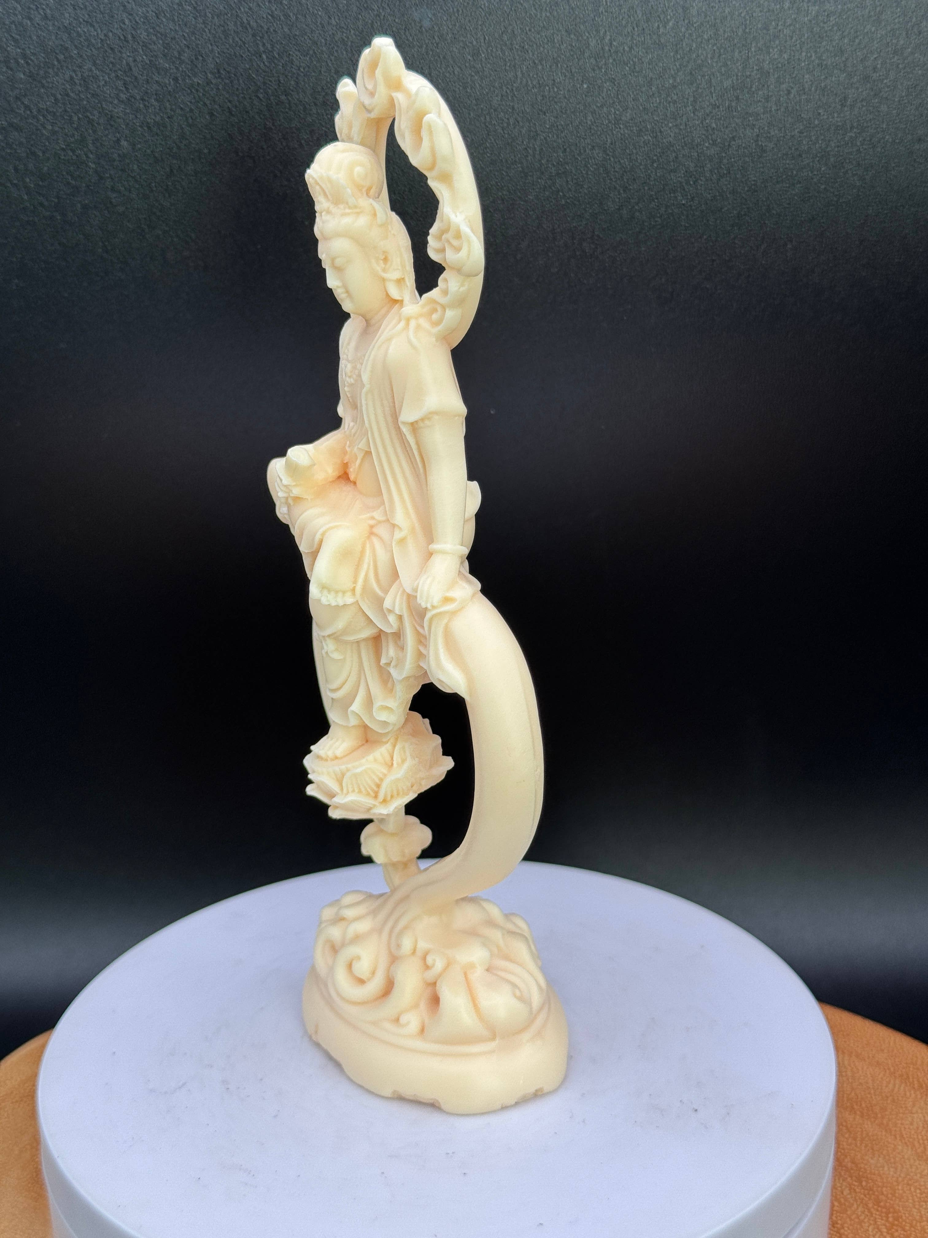 Palm nut (Tagua) Guan Yin w/ Lotus & flames 6.8"