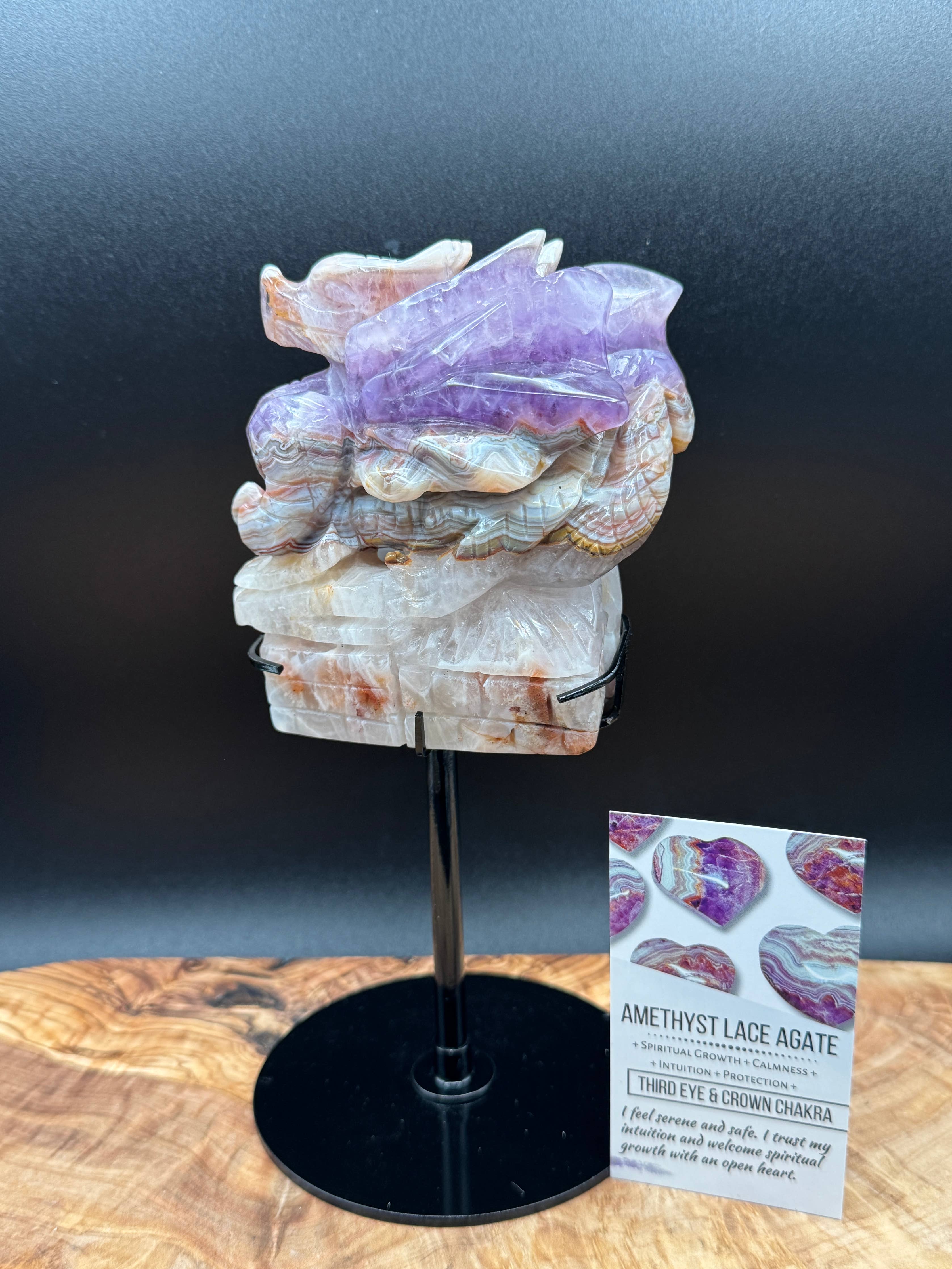 Amethyst Lace Agate Dragon Carving on Stand  2 lb Display Piece