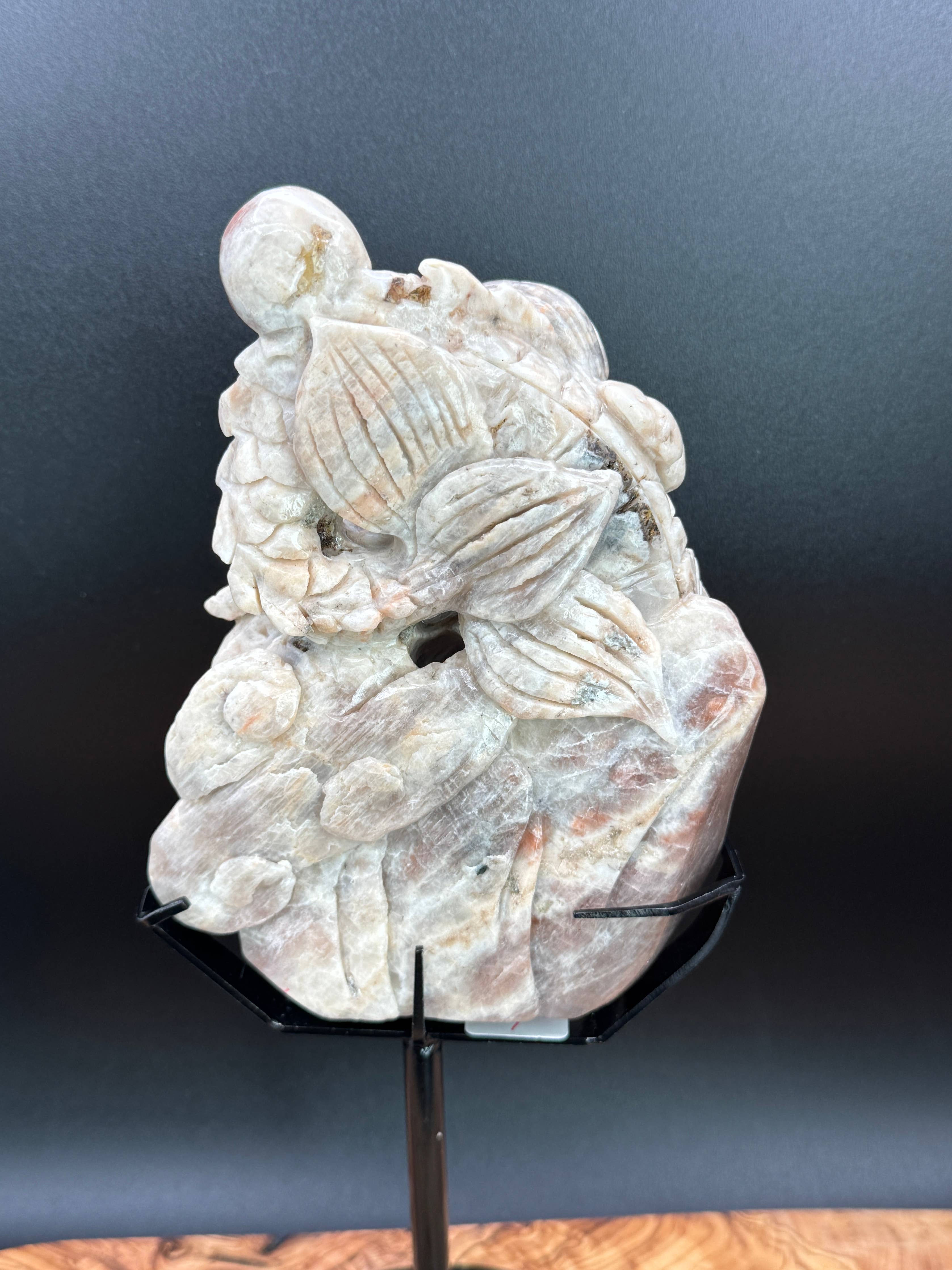 Moonstone Dragon Carving on Custom Display Stand  10 1/4"