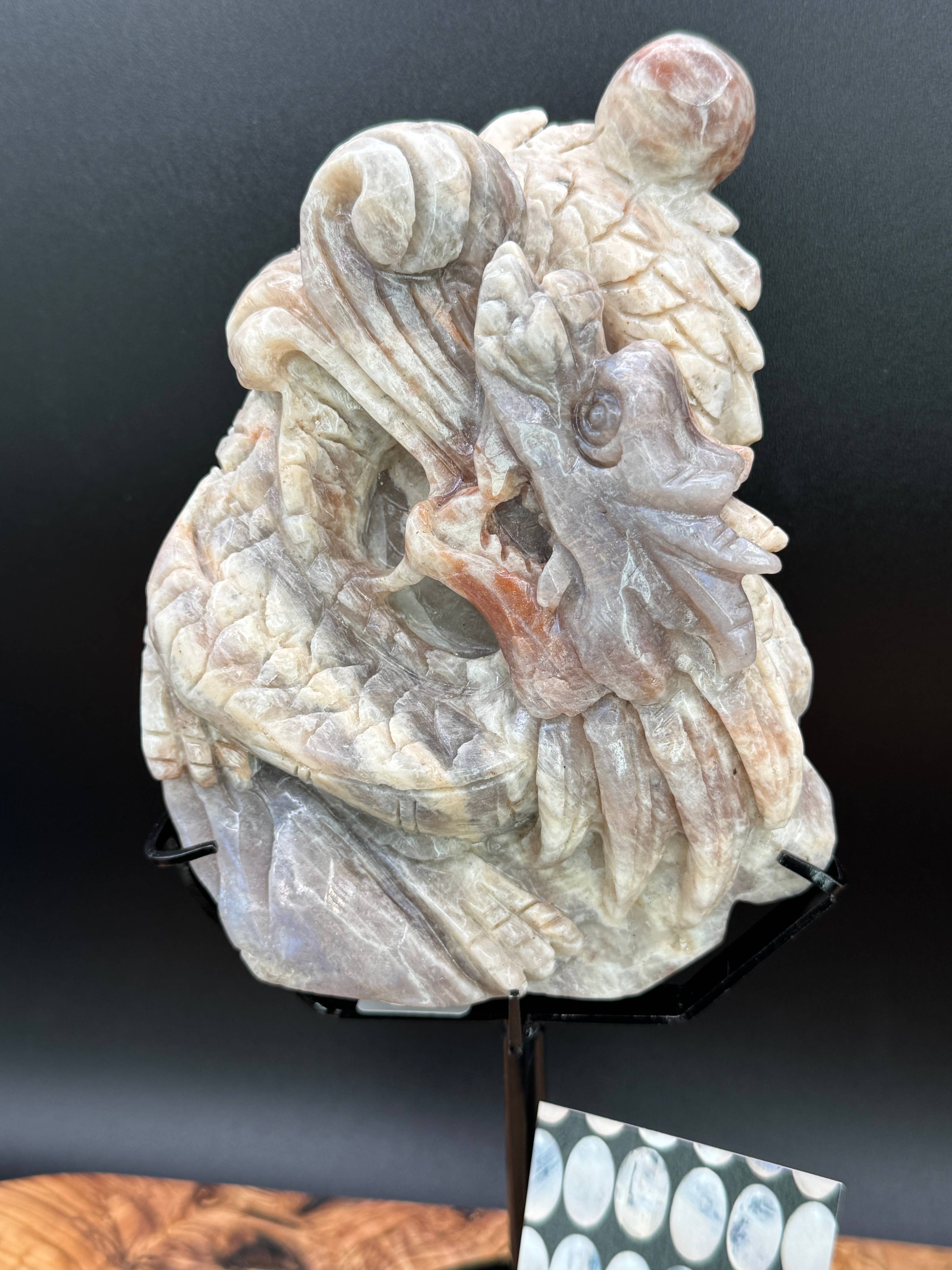 Moonstone Dragon Carving on Custom Display Stand  10 1/4"