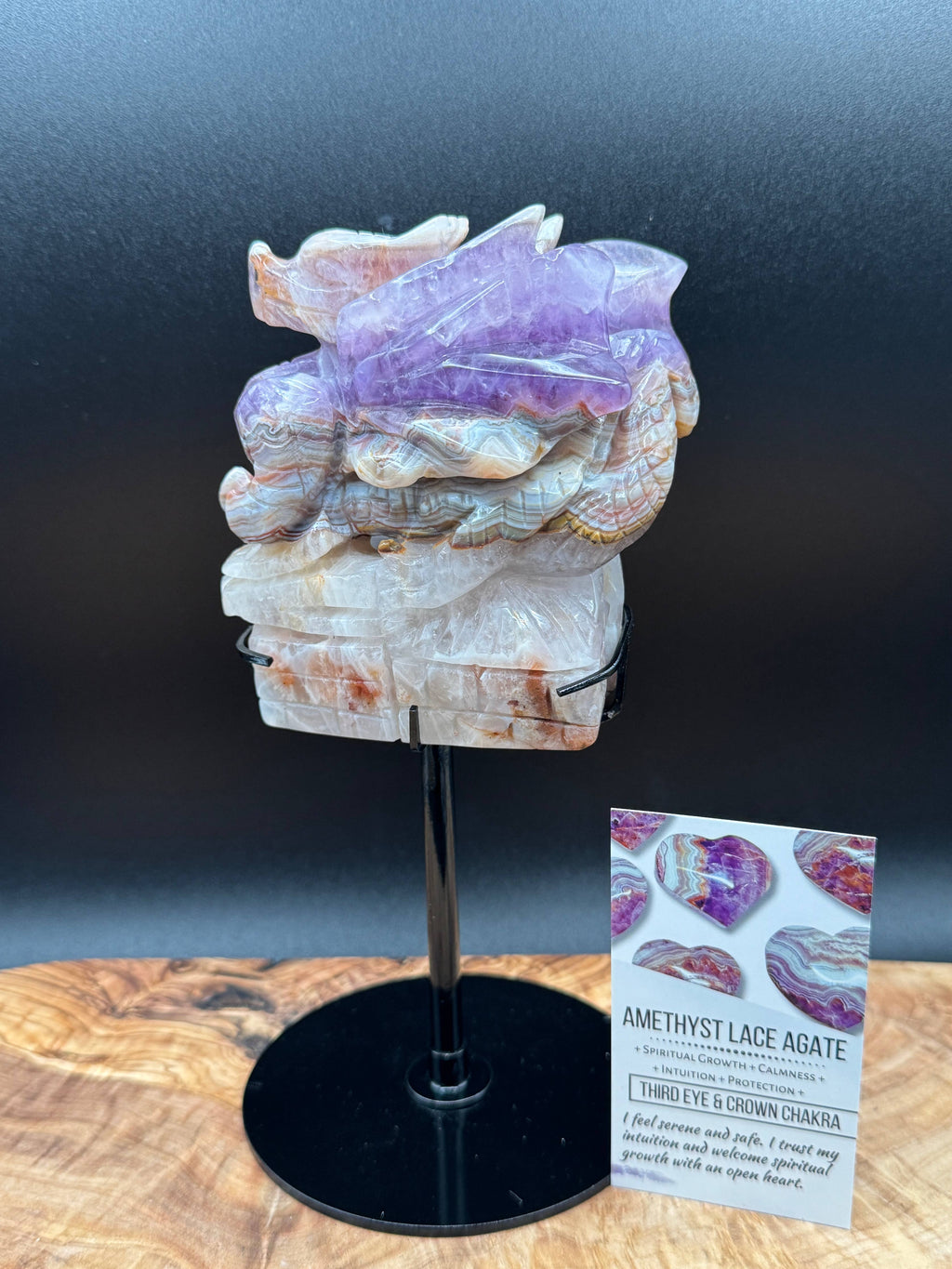 Amethyst Lace Agate Dragon Carving on Stand  2 lb Display Piece
