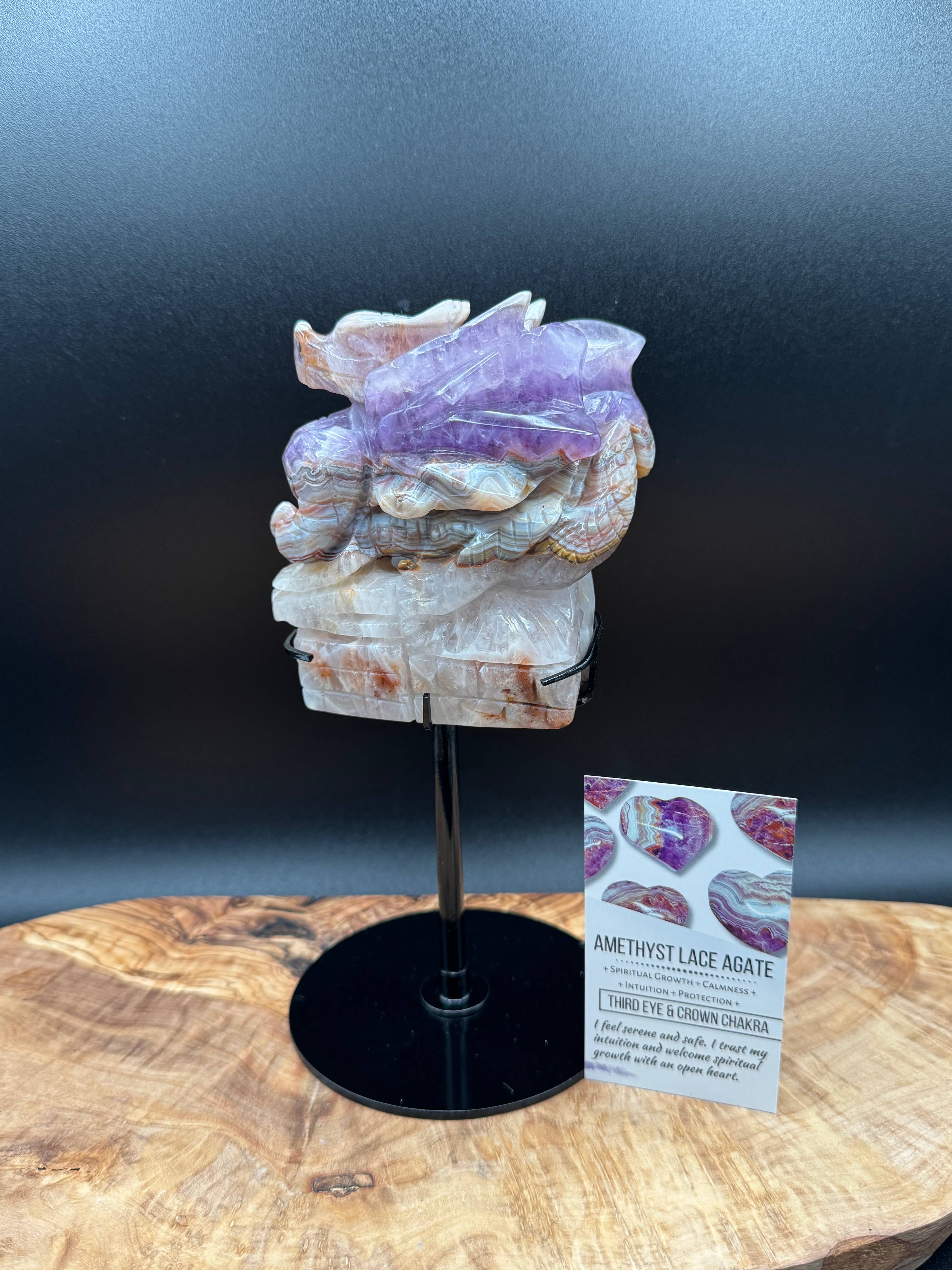 Amethyst Lace Agate Dragon Carving on Stand  2 lb Display Piece