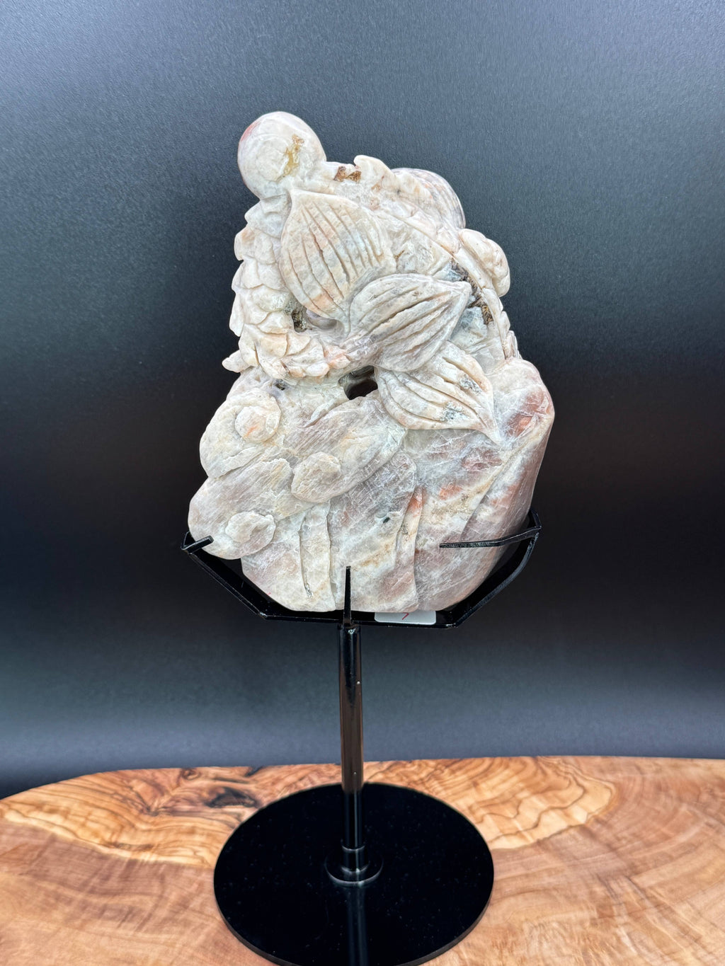 Moonstone Dragon Carving on Custom Display Stand  10 1/4"