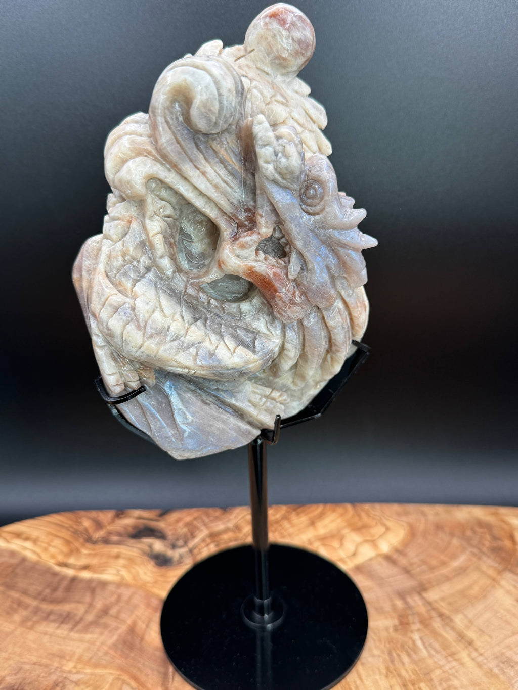 Moonstone Dragon Carving on Custom Display Stand  10 1/4"