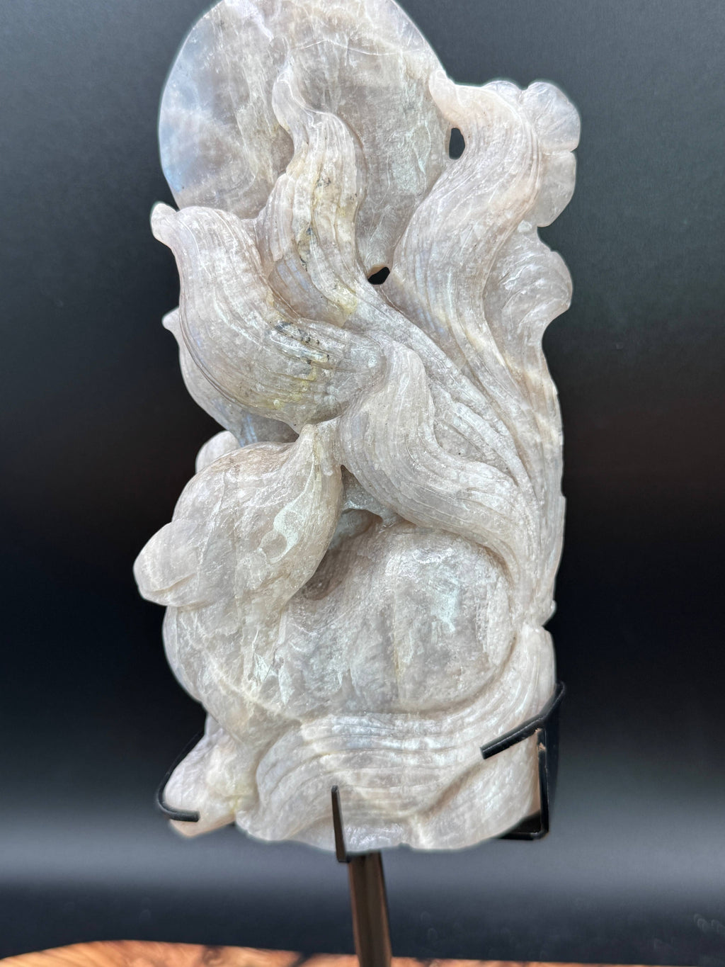 Flashy Moonstone Nine-Tailed Fox Carving on Custom Stand | 10.25" Tall | 833g