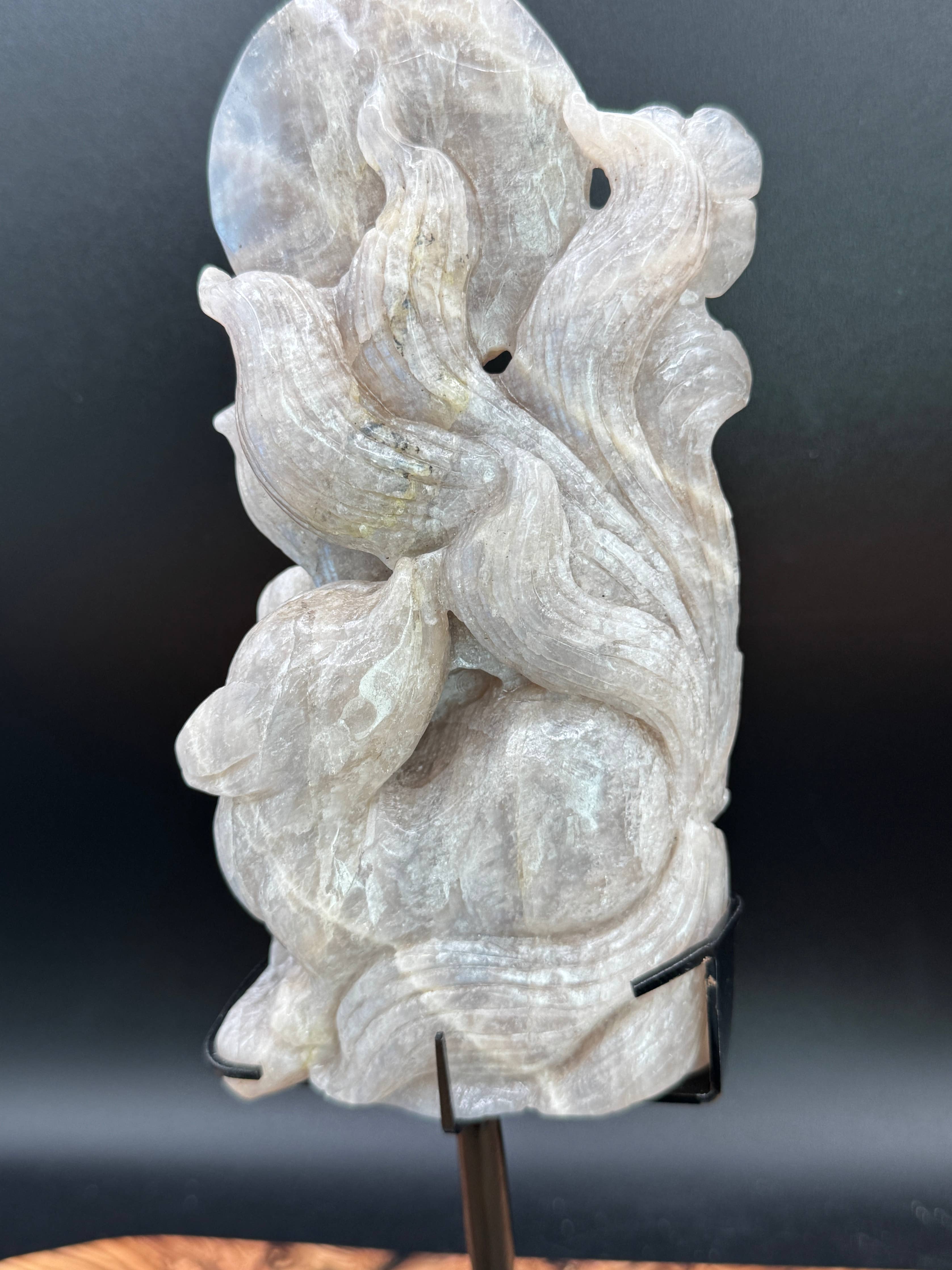 Flashy Moonstone Nine-Tailed Fox Carving on Custom Stand | 10.25" Tall | 833g