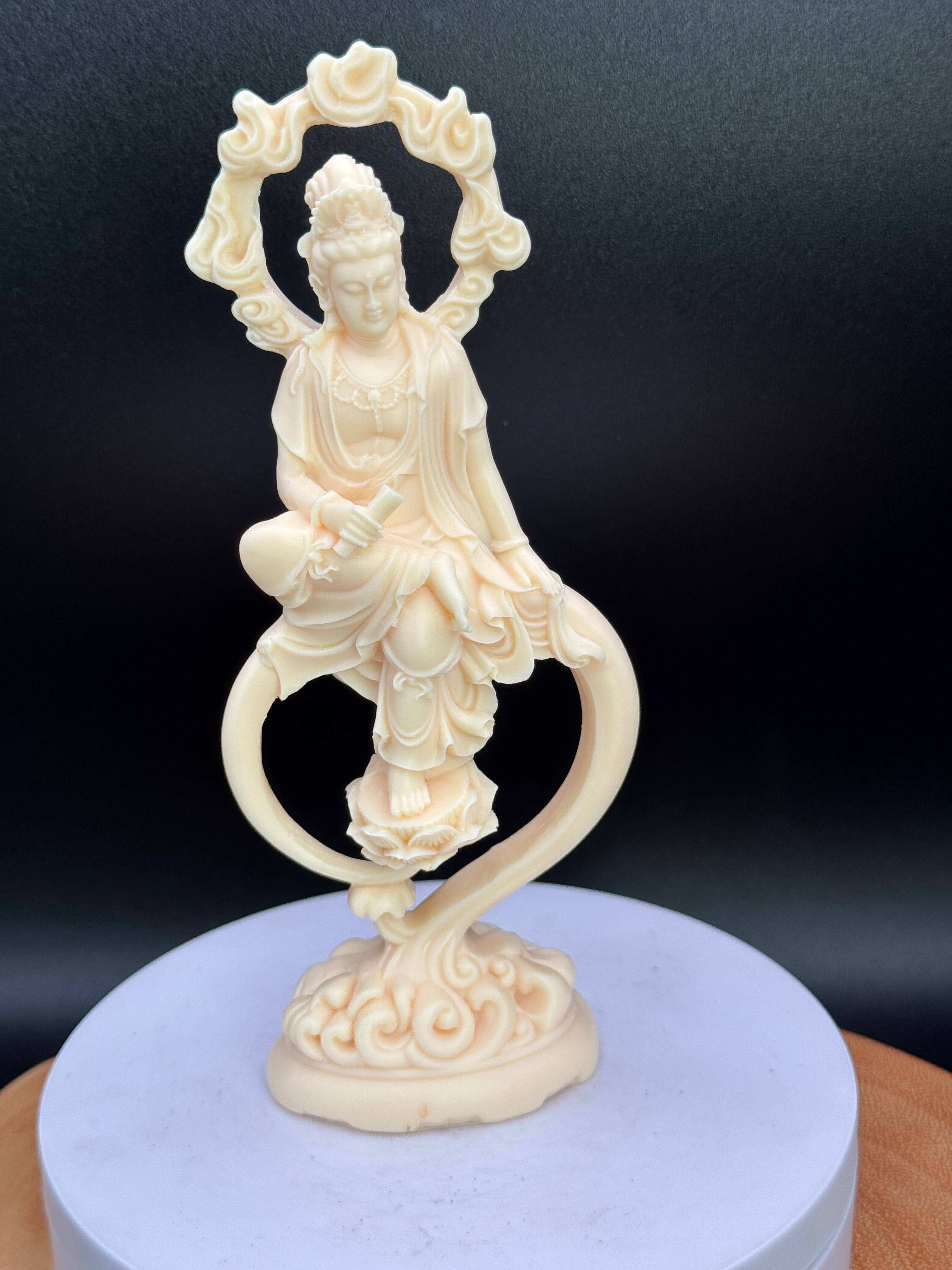 Palm nut (Tagua) Guan Yin w/ Lotus & flames 6.8"