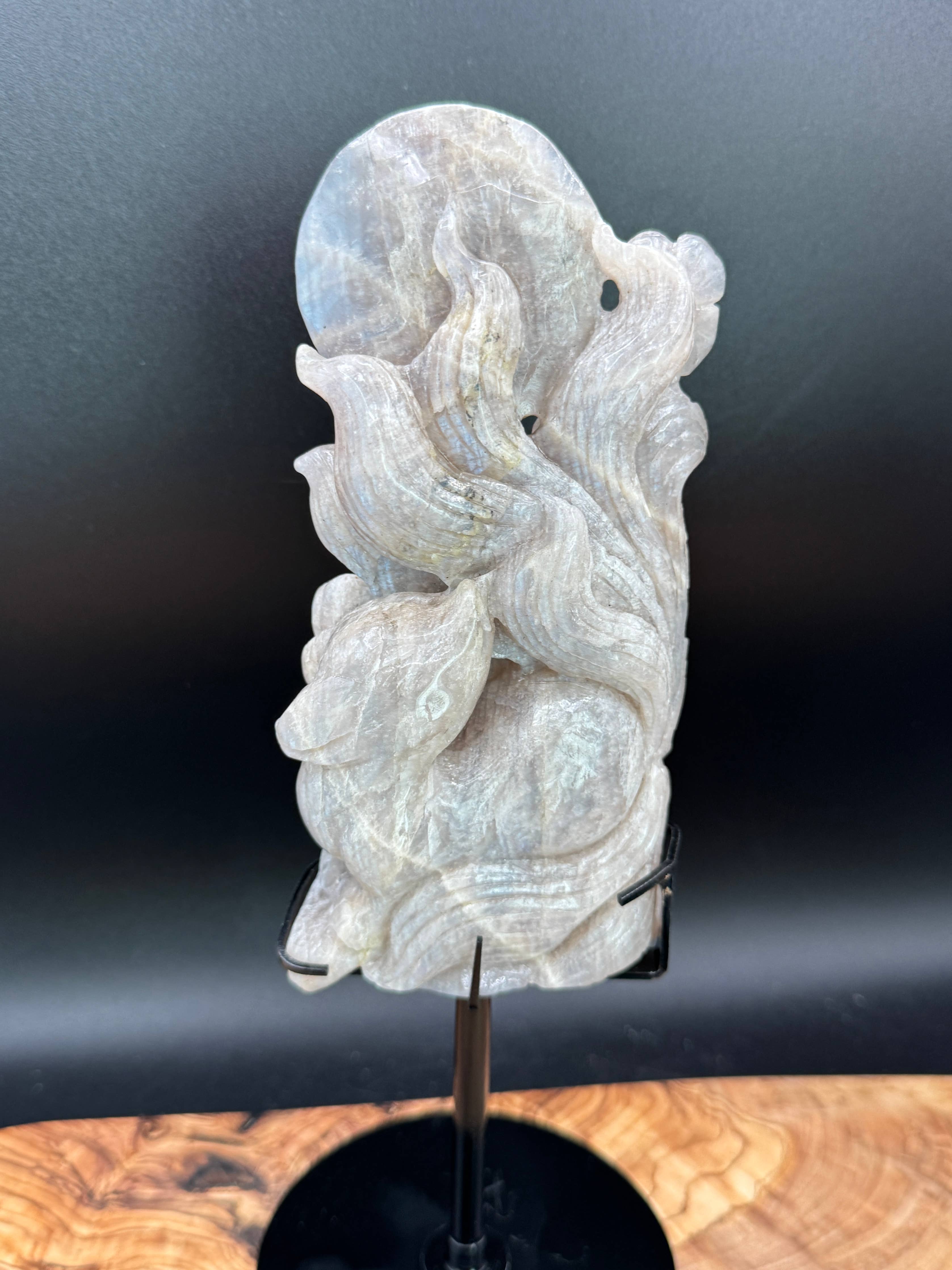 Flashy Moonstone Nine-Tailed Fox Carving on Custom Stand | 10.25" Tall | 833g