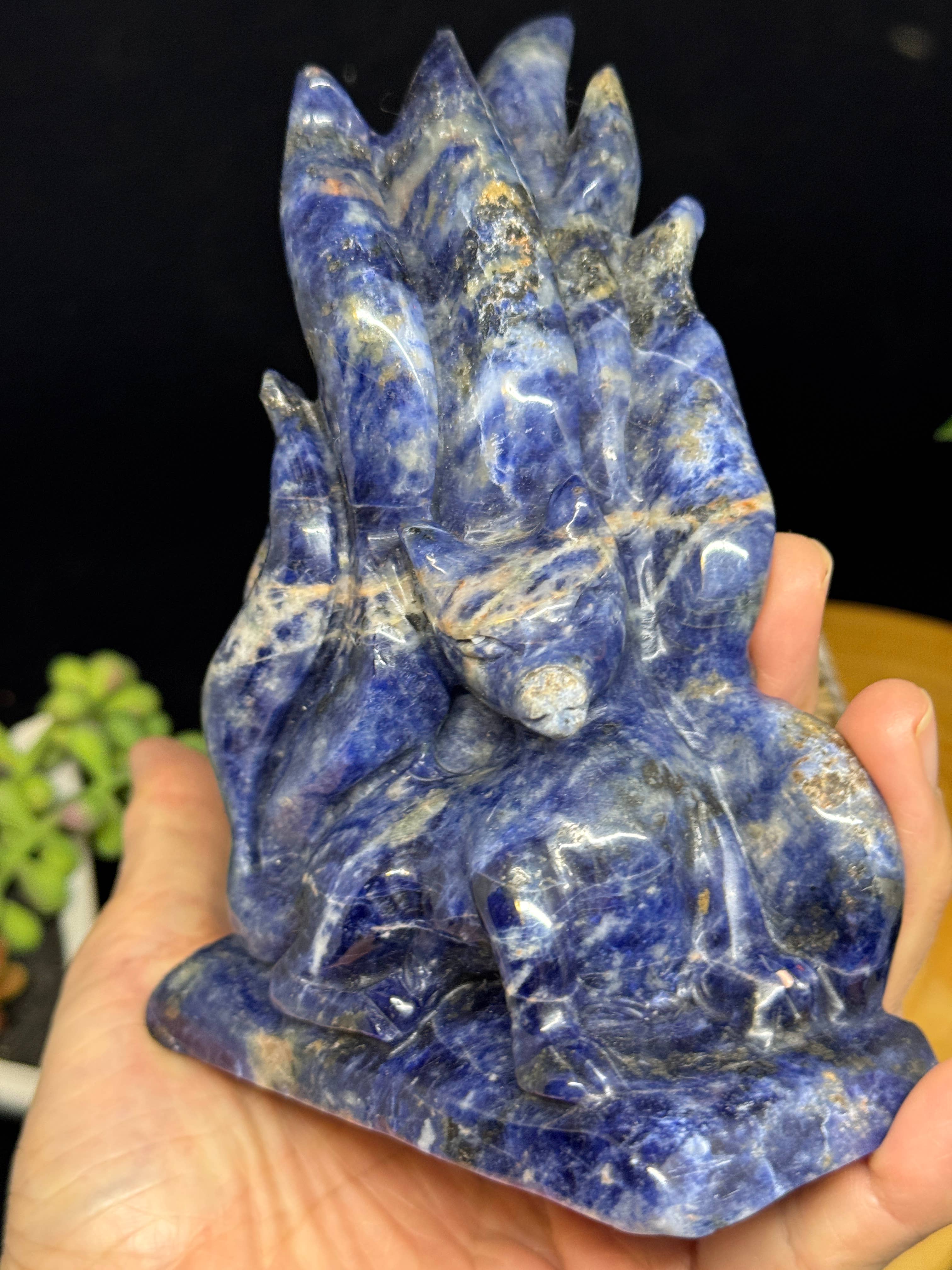 Hand Carved Sodalite Nine-Tailed Fox | Gumiho Kitsune Carving | 5¼" | Exact Piece