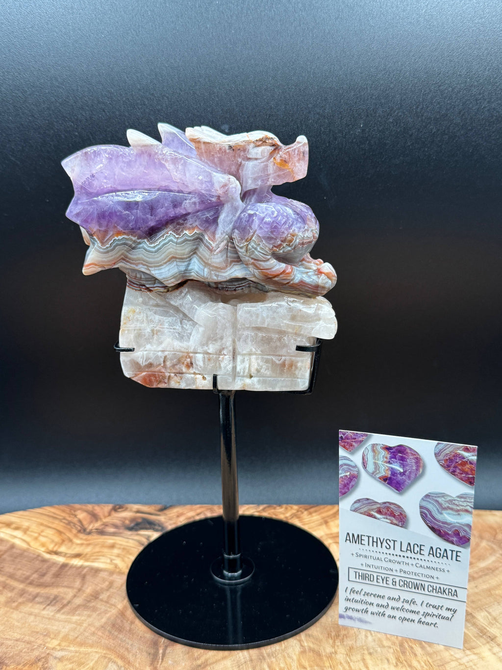 Amethyst Lace Agate Dragon Carving on Stand  2 lb Display Piece