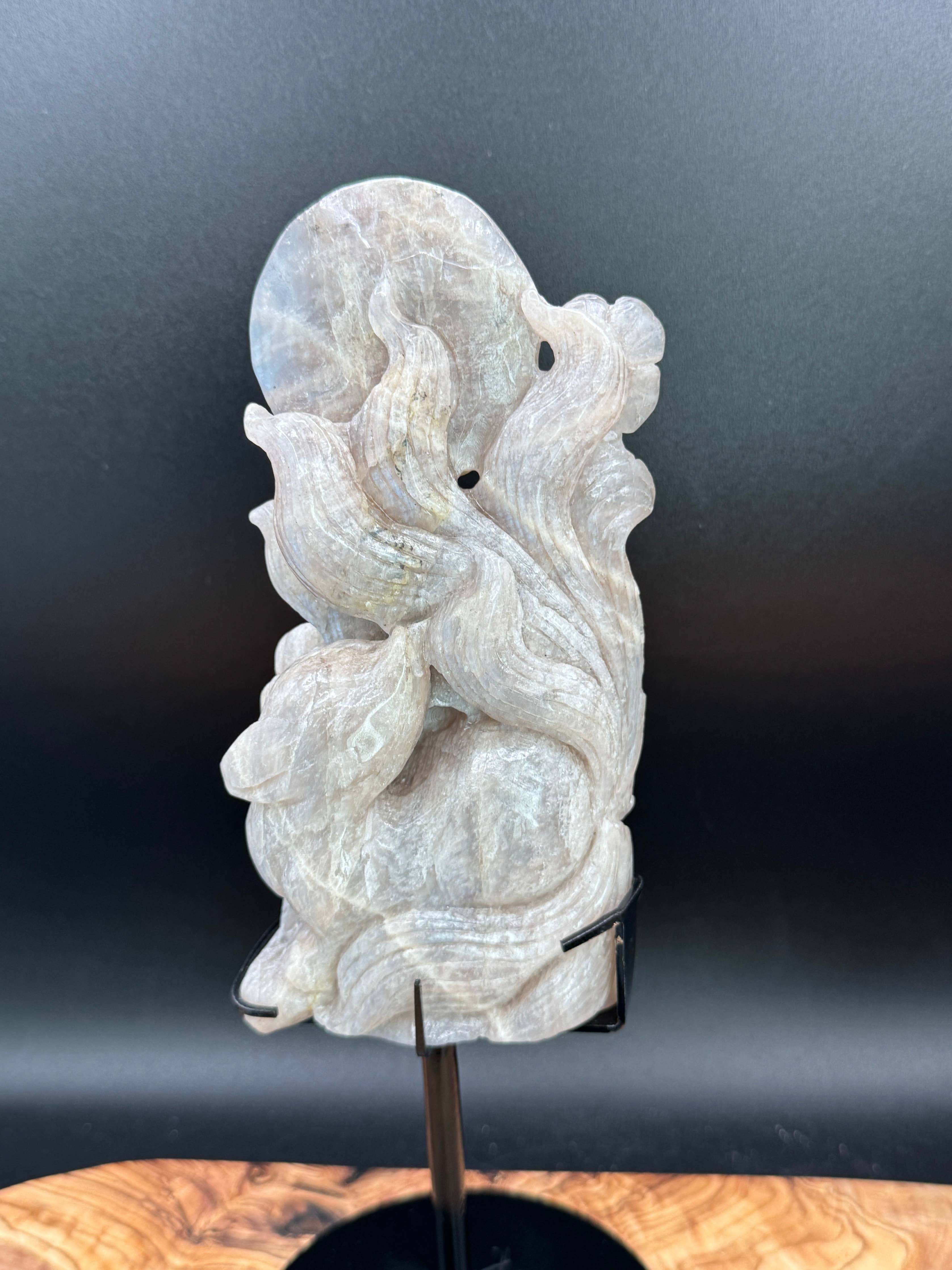 Flashy Moonstone Nine-Tailed Fox Carving on Custom Stand | 10.25" Tall | 833g