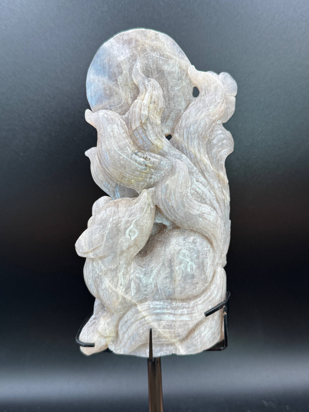 Flashy Moonstone Nine-Tailed Fox Carving on Custom Stand | 10.25" Tall | 833g
