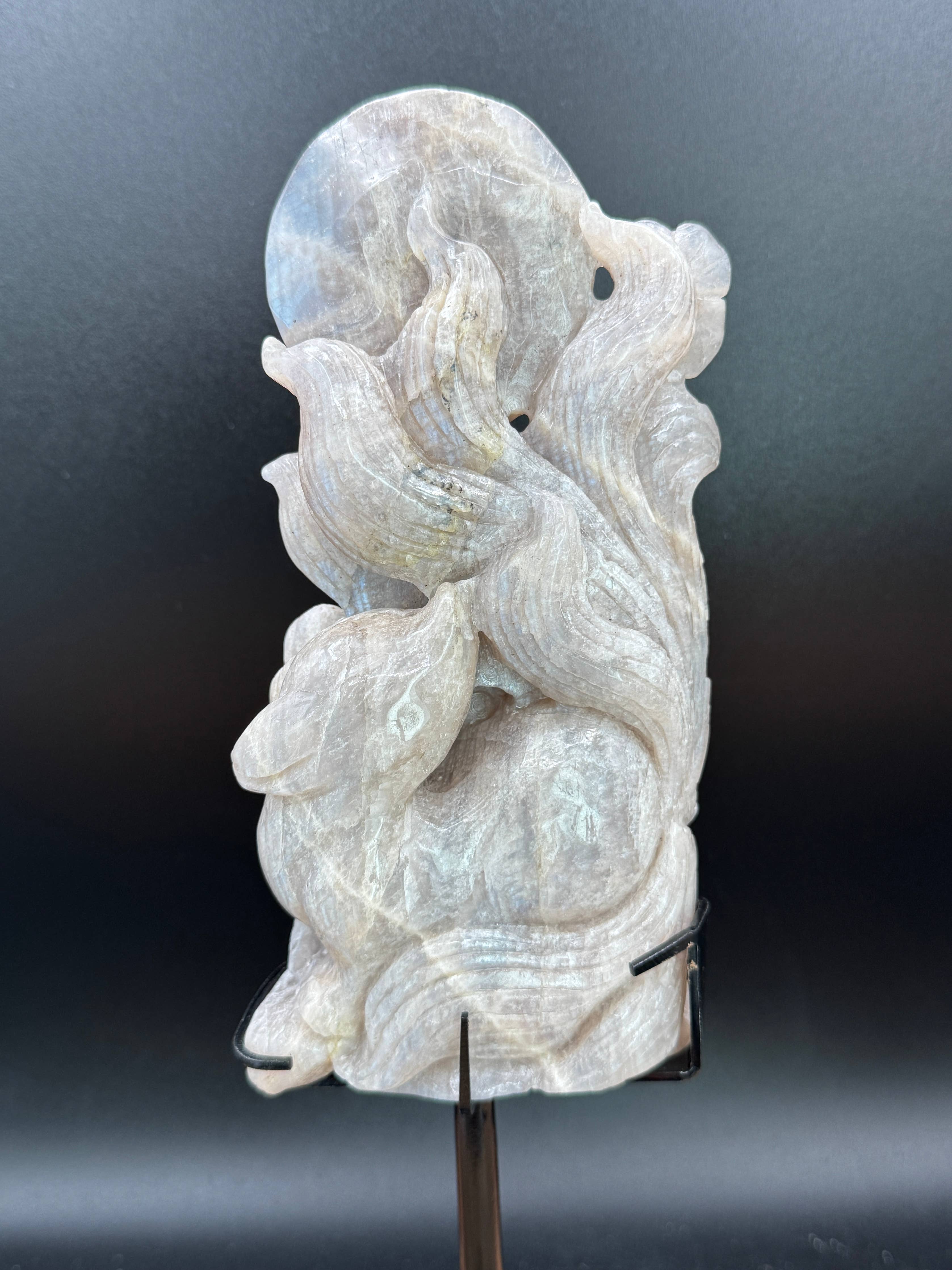 Flashy Moonstone Nine-Tailed Fox Carving on Custom Stand | 10.25" Tall | 833g