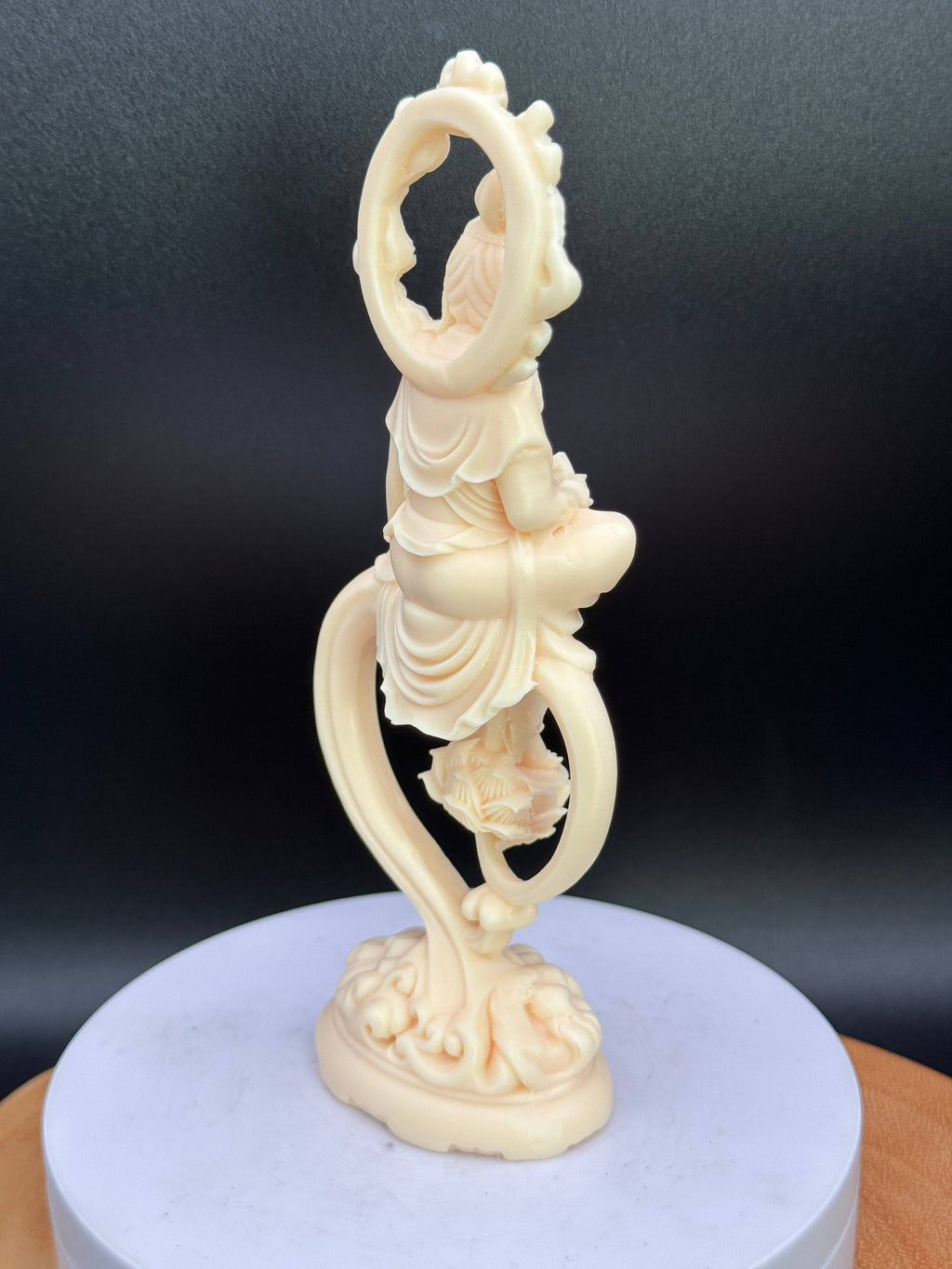 Palm nut (Tagua) Guan Yin w/ Lotus & flames 6.8"
