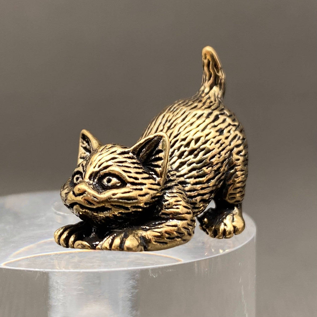 Solid Brass Pouncing Cat Figurine