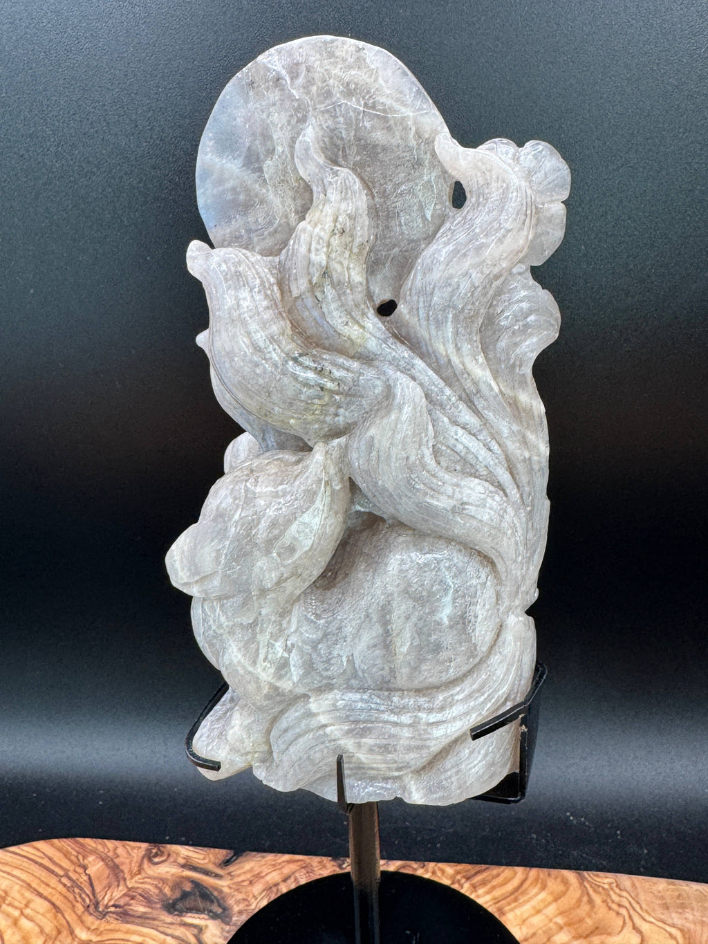 Flashy Moonstone Nine-Tailed Fox Carving on Custom Stand | 10.25" Tall | 833g