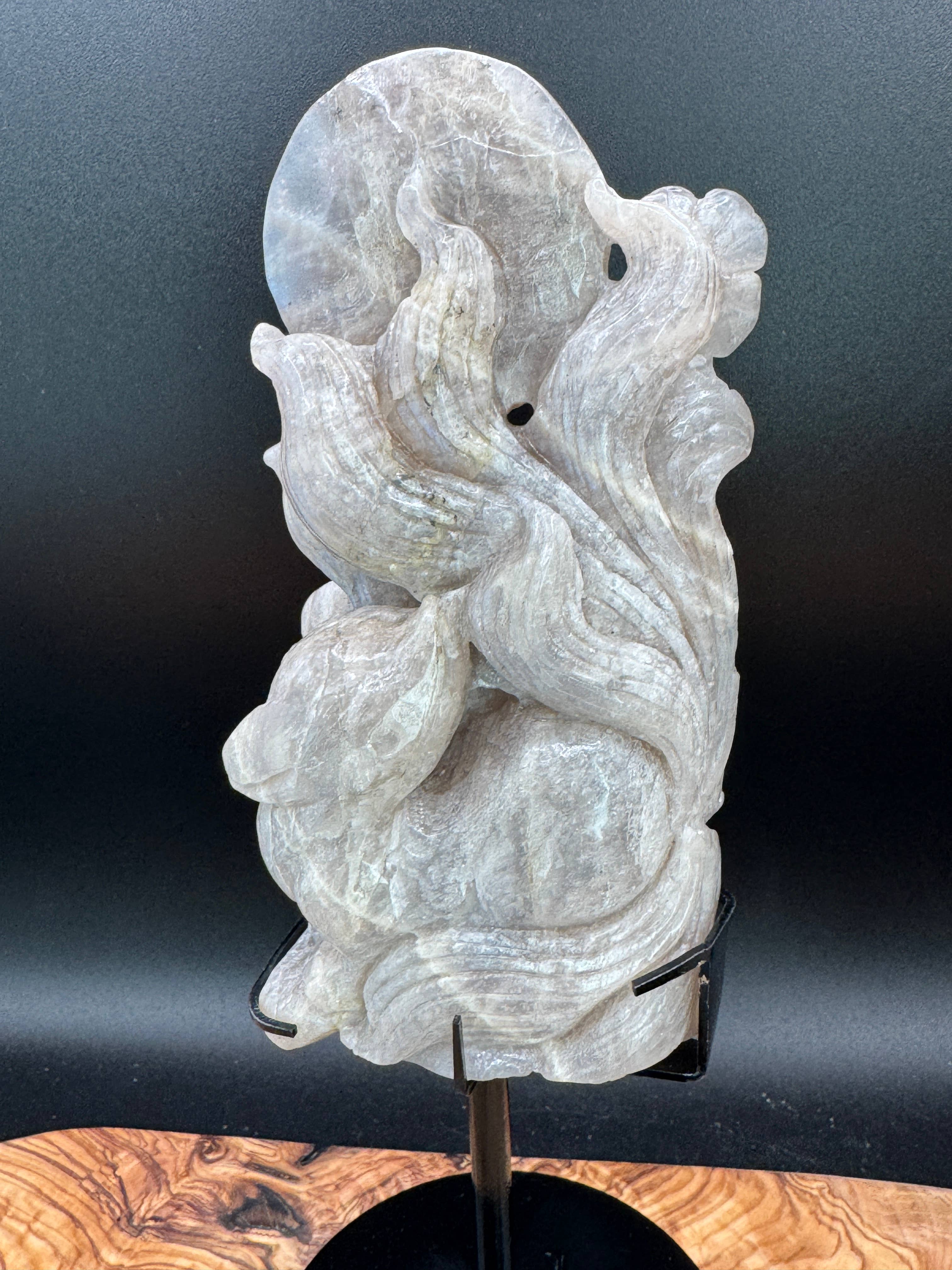 Flashy Moonstone Nine-Tailed Fox Carving on Custom Stand | 10.25" Tall | 833g