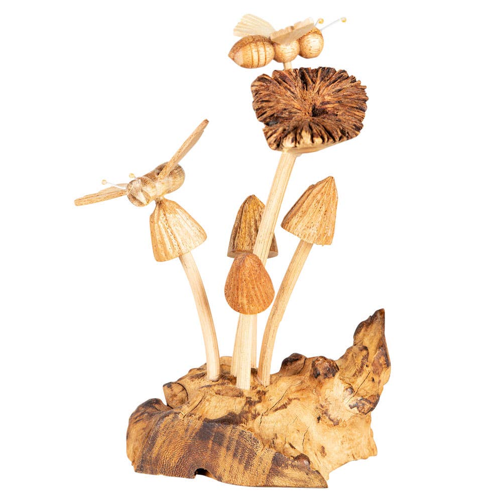 Woodland Bee & Mushroom Hand-Carved Wood Sculpture