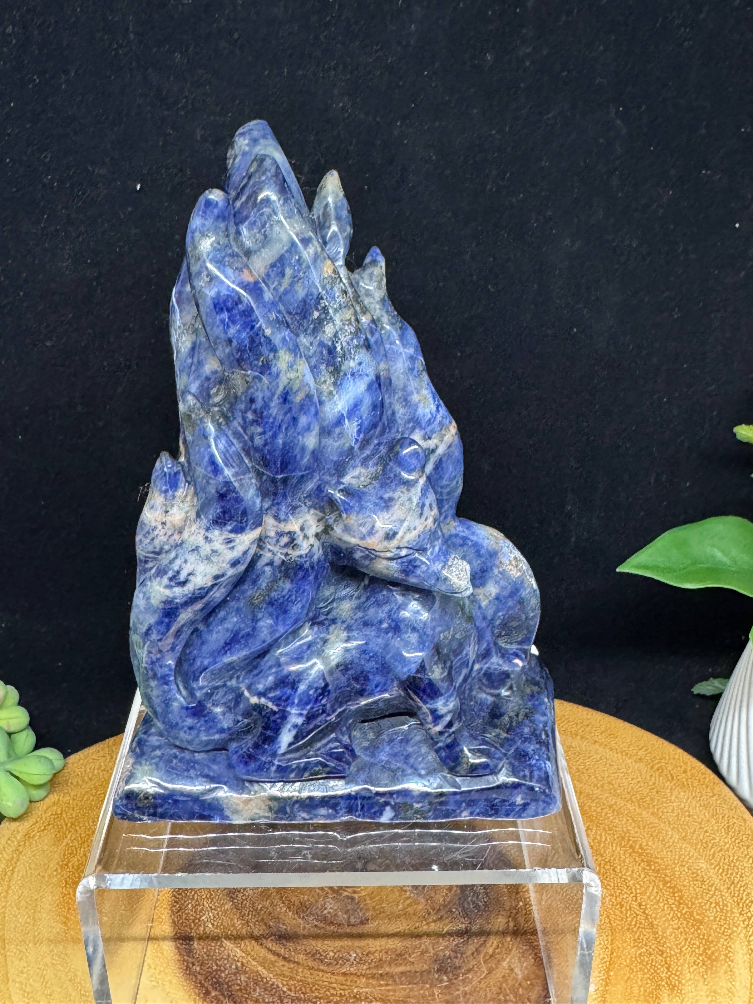 Hand Carved Sodalite Nine-Tailed Fox | Gumiho Kitsune Carving | 5¼" | Exact Piece