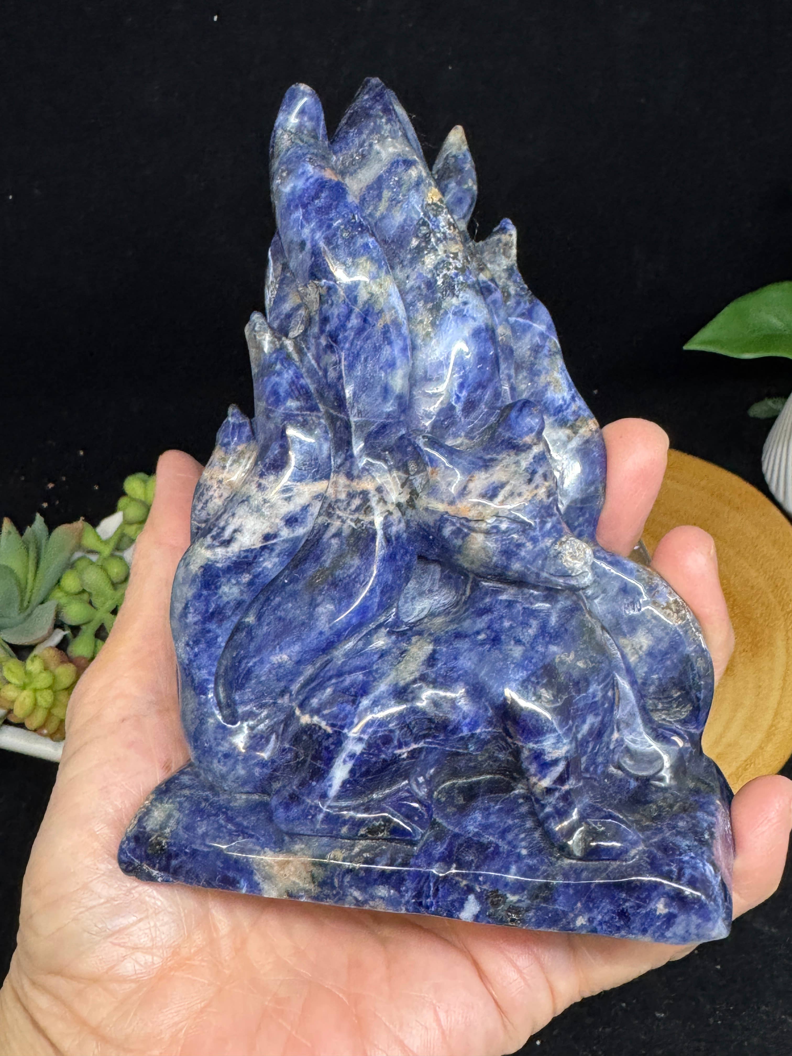 Hand Carved Sodalite Nine-Tailed Fox | Gumiho Kitsune Carving | 5¼" | Exact Piece