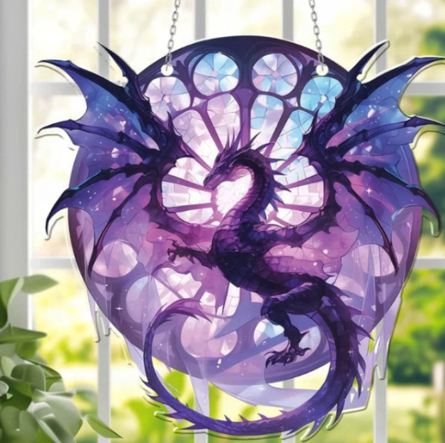 Celestial Dragon Acrylic Suncatcher | Stained Glass Style Dragon Window Hanging | 10" x 10"