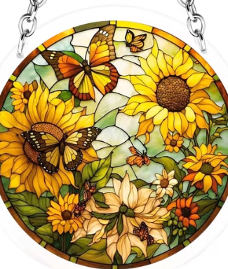 Sunflower & Butterfly Acrylic Suncatcher | Stained Glass Style Window Hanging | 5.5"