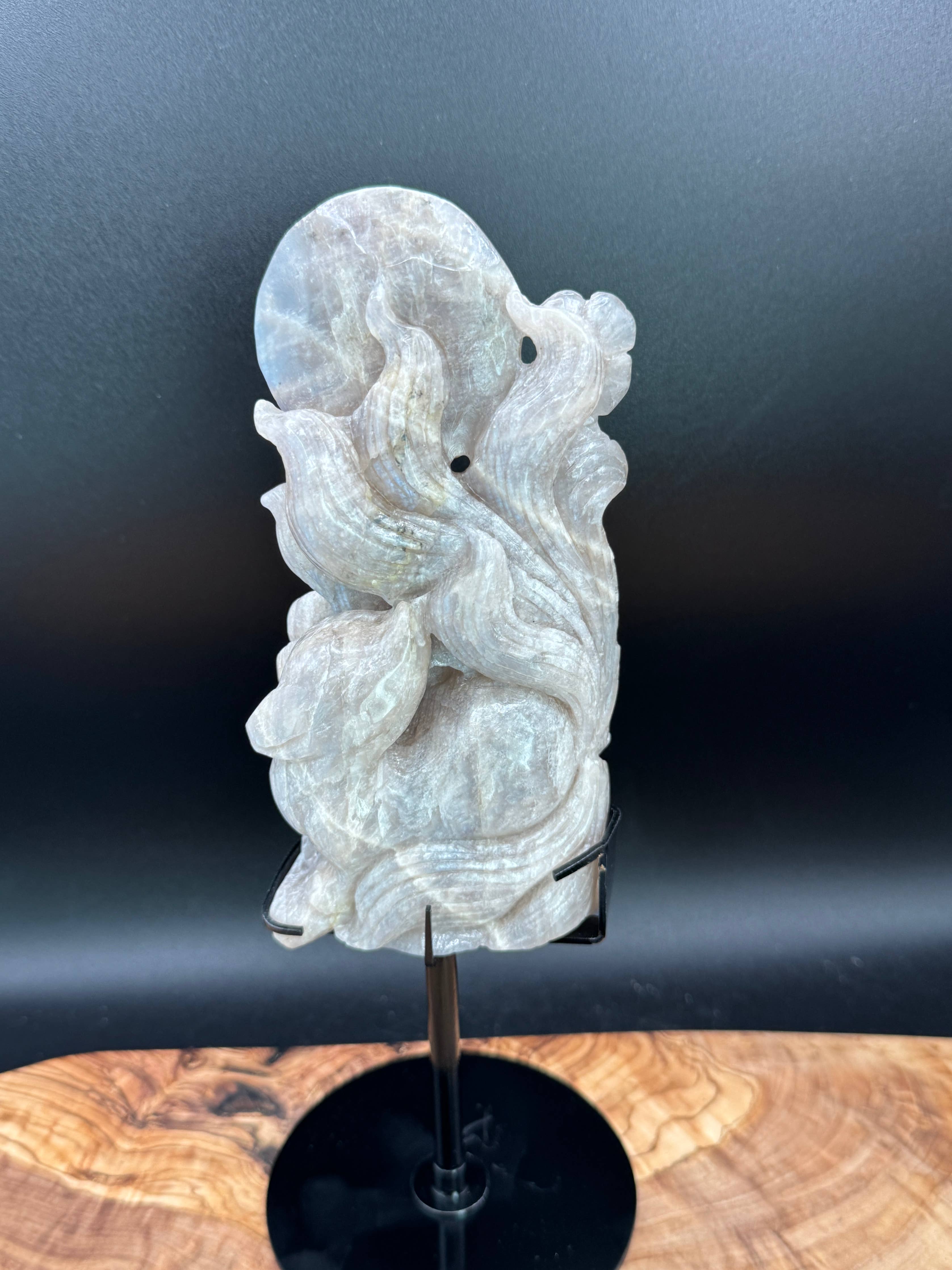 Flashy Moonstone Nine-Tailed Fox Carving on Custom Stand | 10.25" Tall | 833g
