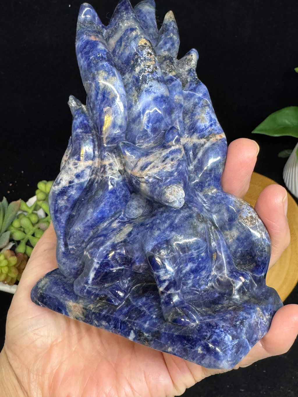 Hand Carved Sodalite Nine-Tailed Fox | Gumiho Kitsune Carving | 5¼" | Exact Piece