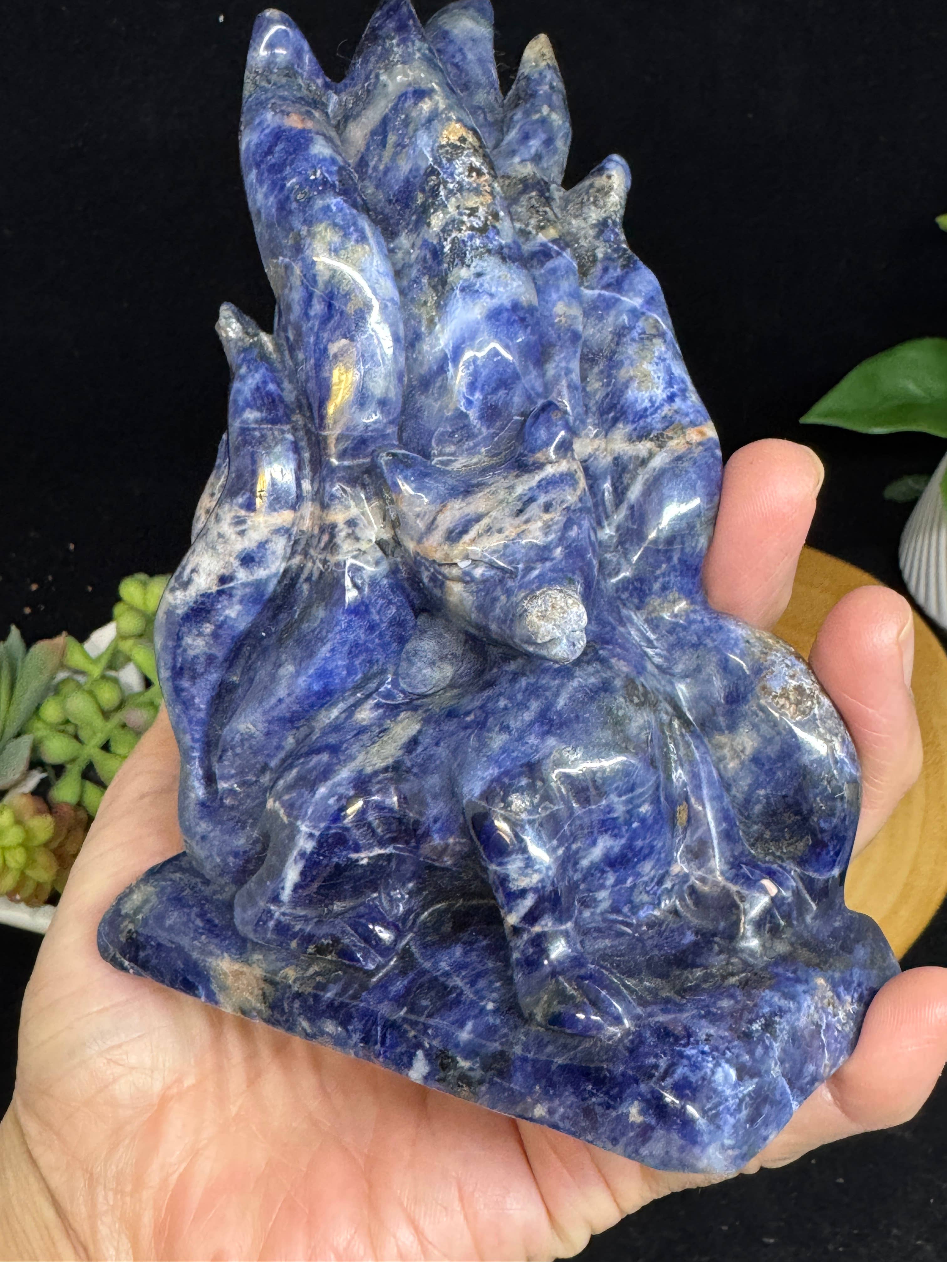 Hand Carved Sodalite Nine-Tailed Fox | Gumiho Kitsune Carving | 5¼" | Exact Piece