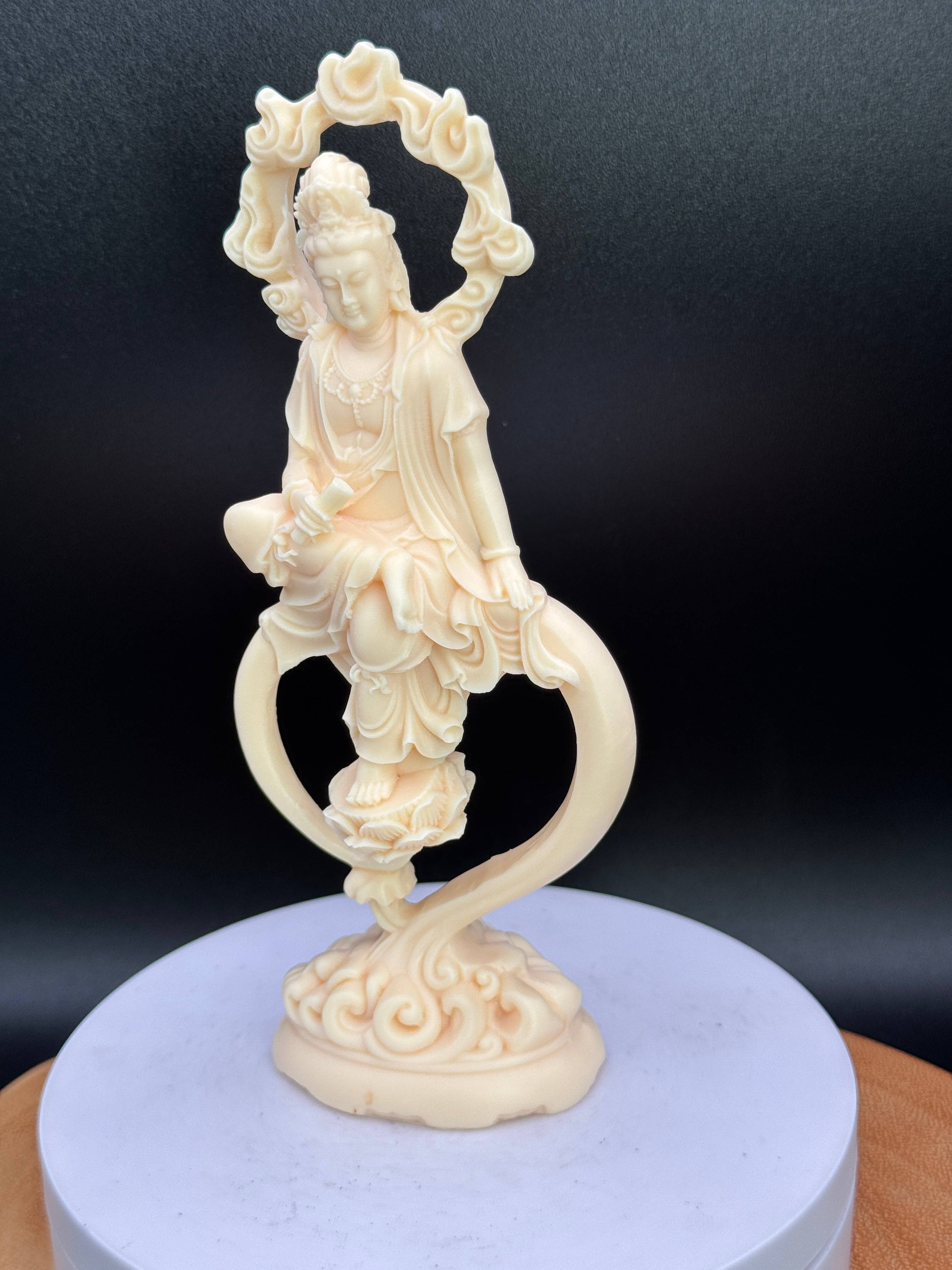 Palm nut (Tagua) Guan Yin w/ Lotus & flames 6.8"