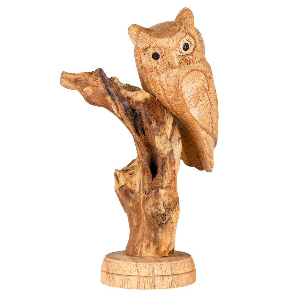 Hand-Carved Perched Owl Wooden Sculpture | Rustic Woodland Decor | 7"