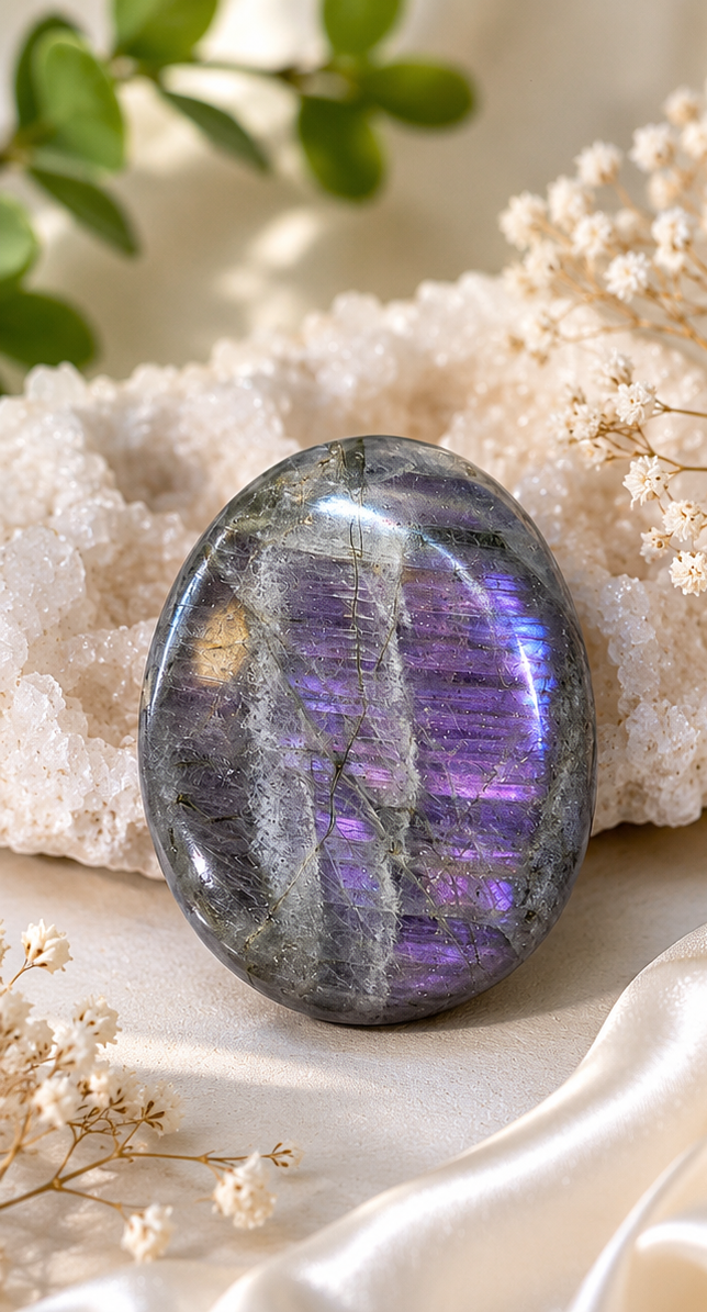 Purple Flash Labradorite Palm Stone | Polished Labradorite Worry Stone | Natural Flashing Crystal