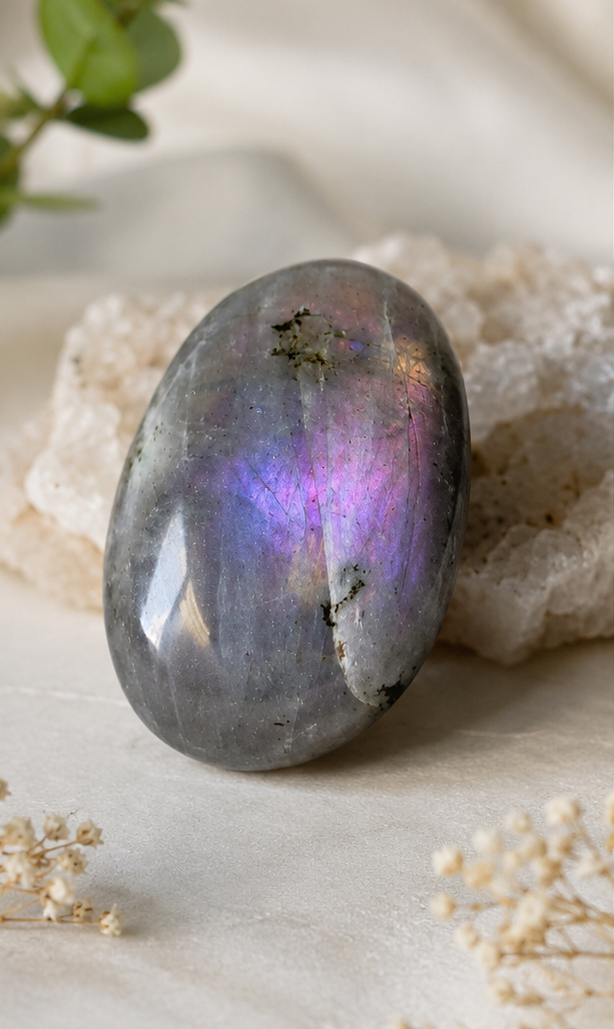 Purple Flash Labradorite Palm Stone | Polished Labradorite Worry Stone | Natural Flashing Feldspar