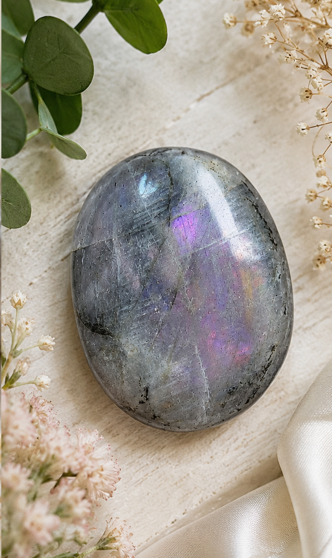 Purple Flash Labradorite Palm Stone | Polished Labradorite Worry Stone | Natural Flashing Feldspar