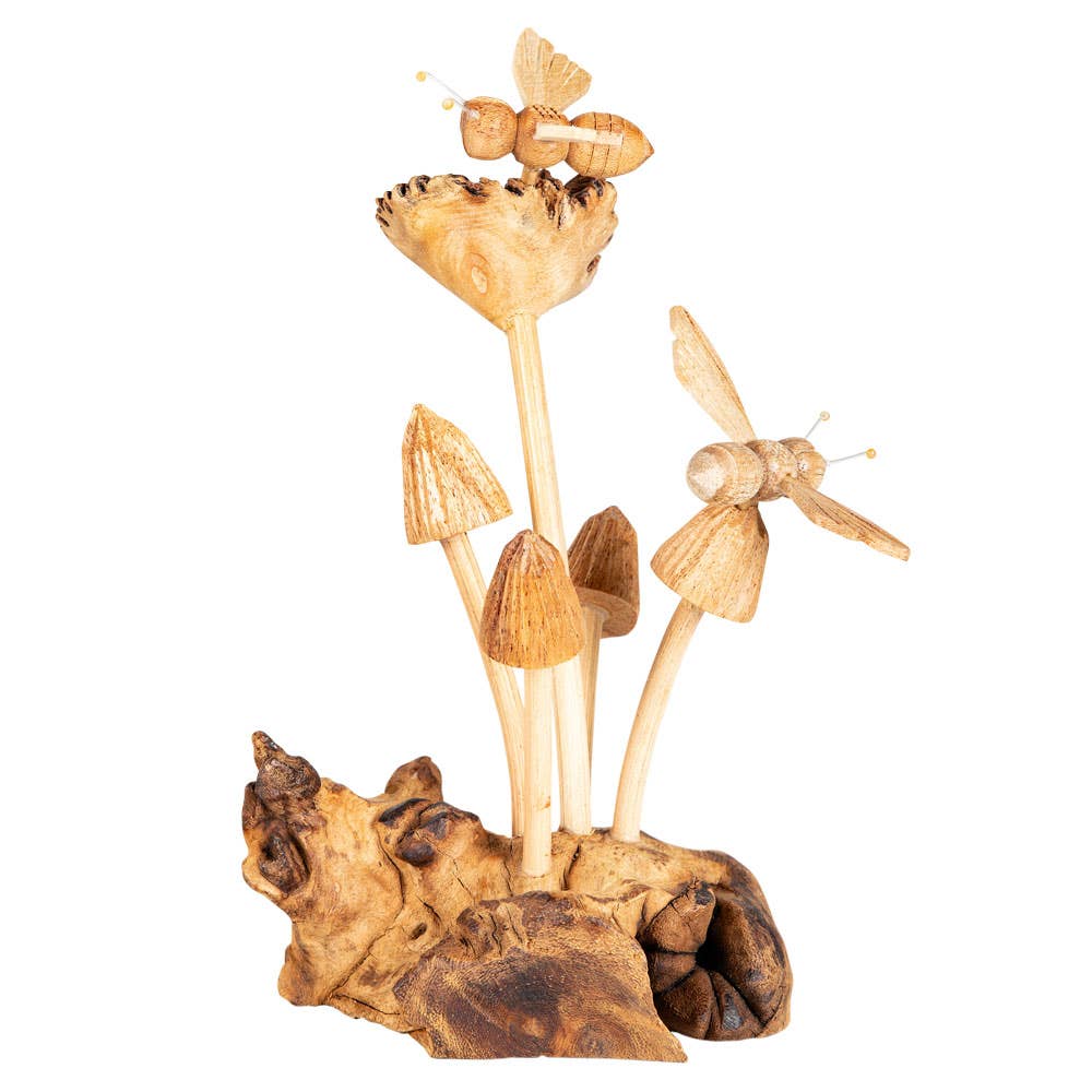 Woodland Bee & Mushroom Hand-Carved Wood Sculpture