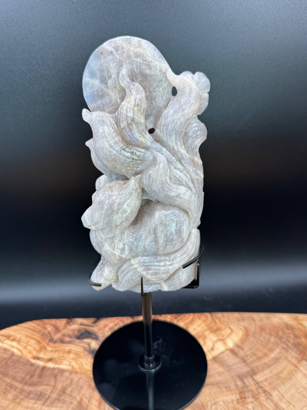 Flashy Moonstone Nine-Tailed Fox Carving on Custom Stand | 10.25" Tall | 833g