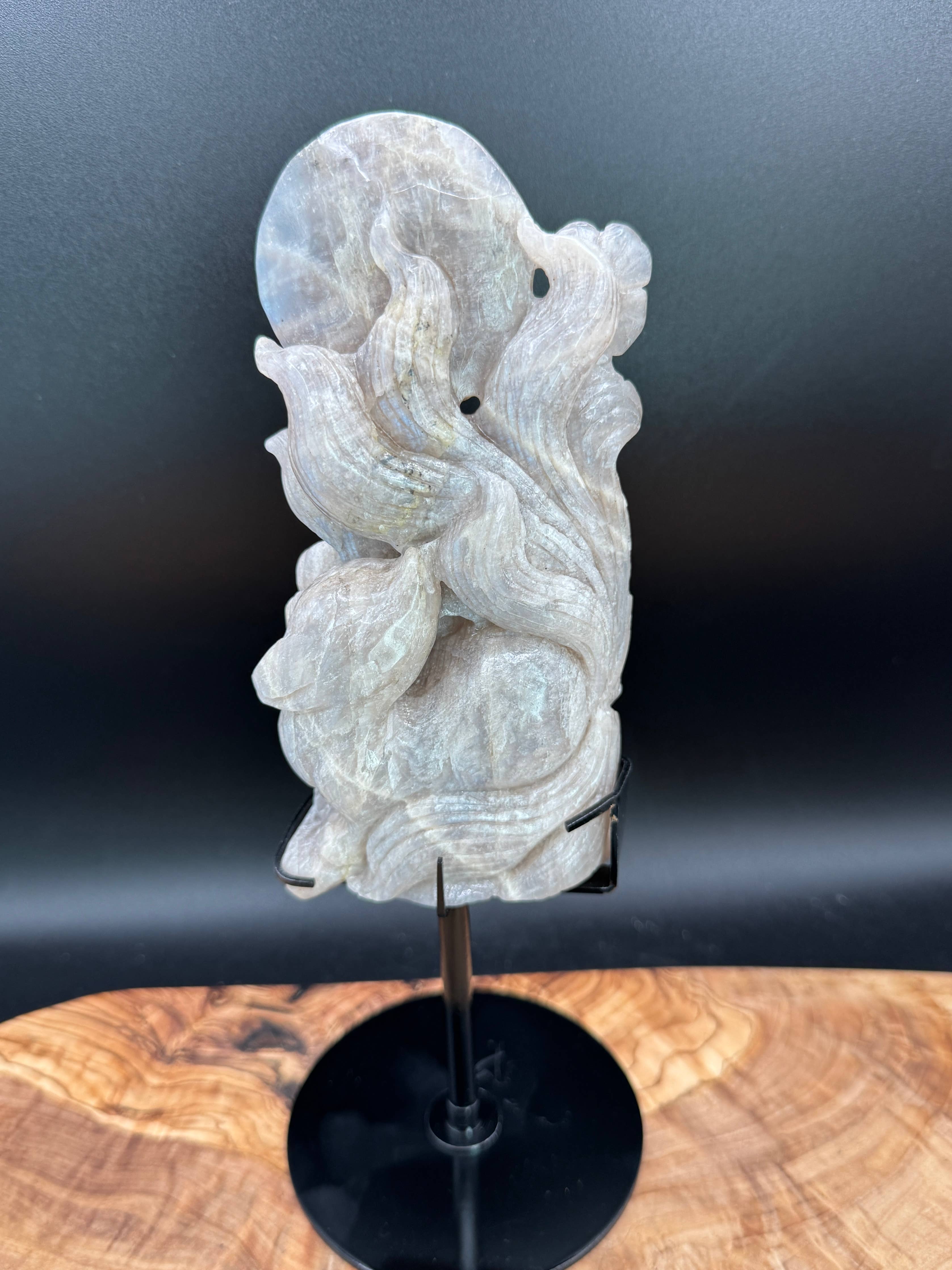 Flashy Moonstone Nine-Tailed Fox Carving on Custom Stand | 10.25" Tall | 833g