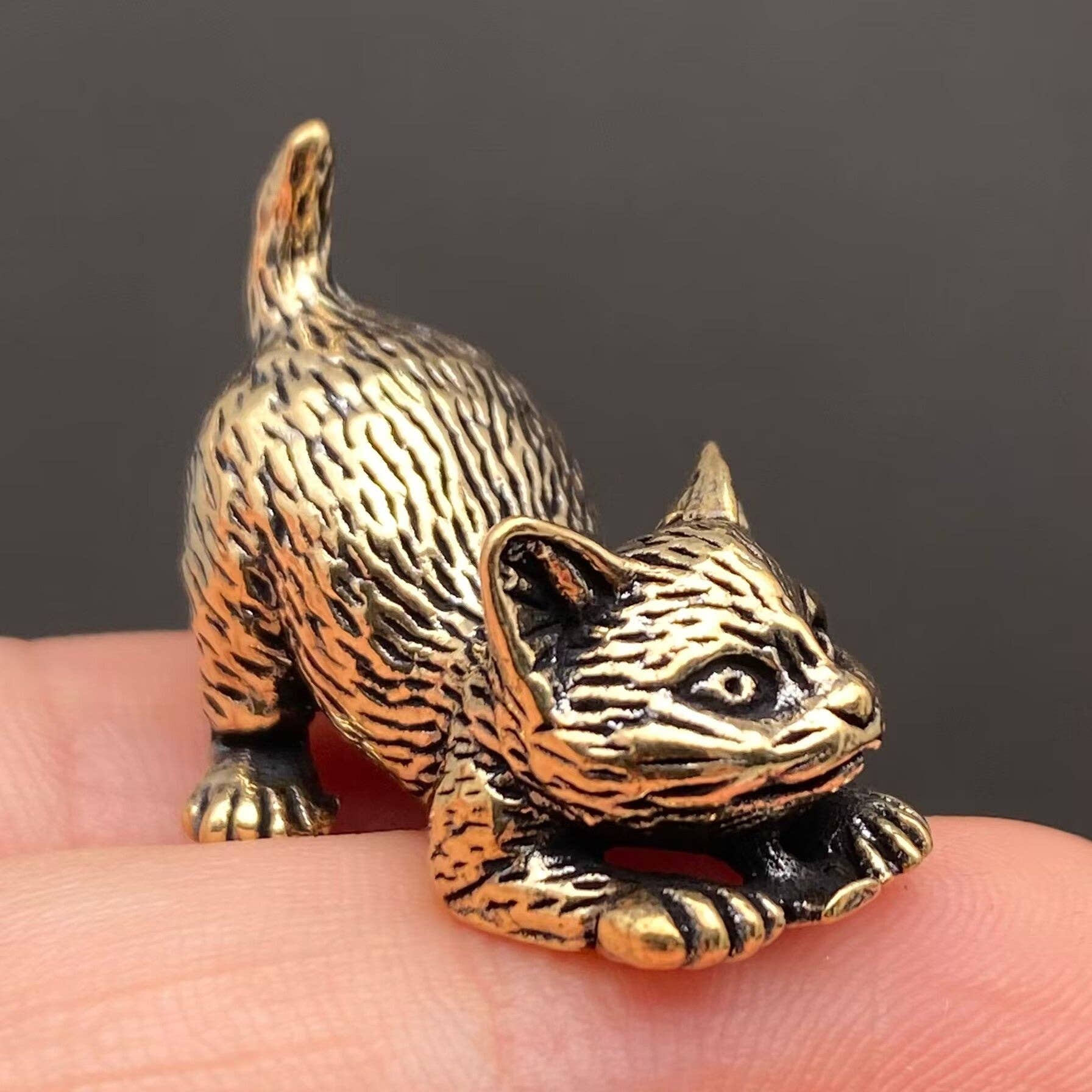 Solid Brass Pouncing Cat Figurine