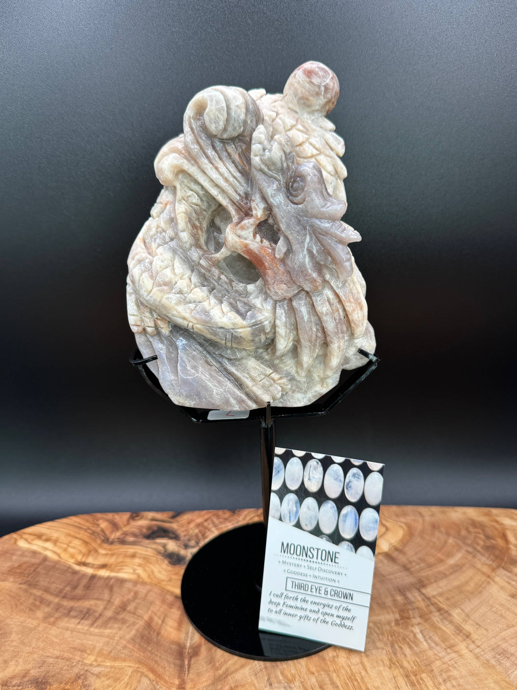 Moonstone Dragon Carving on Custom Display Stand  10 1/4"