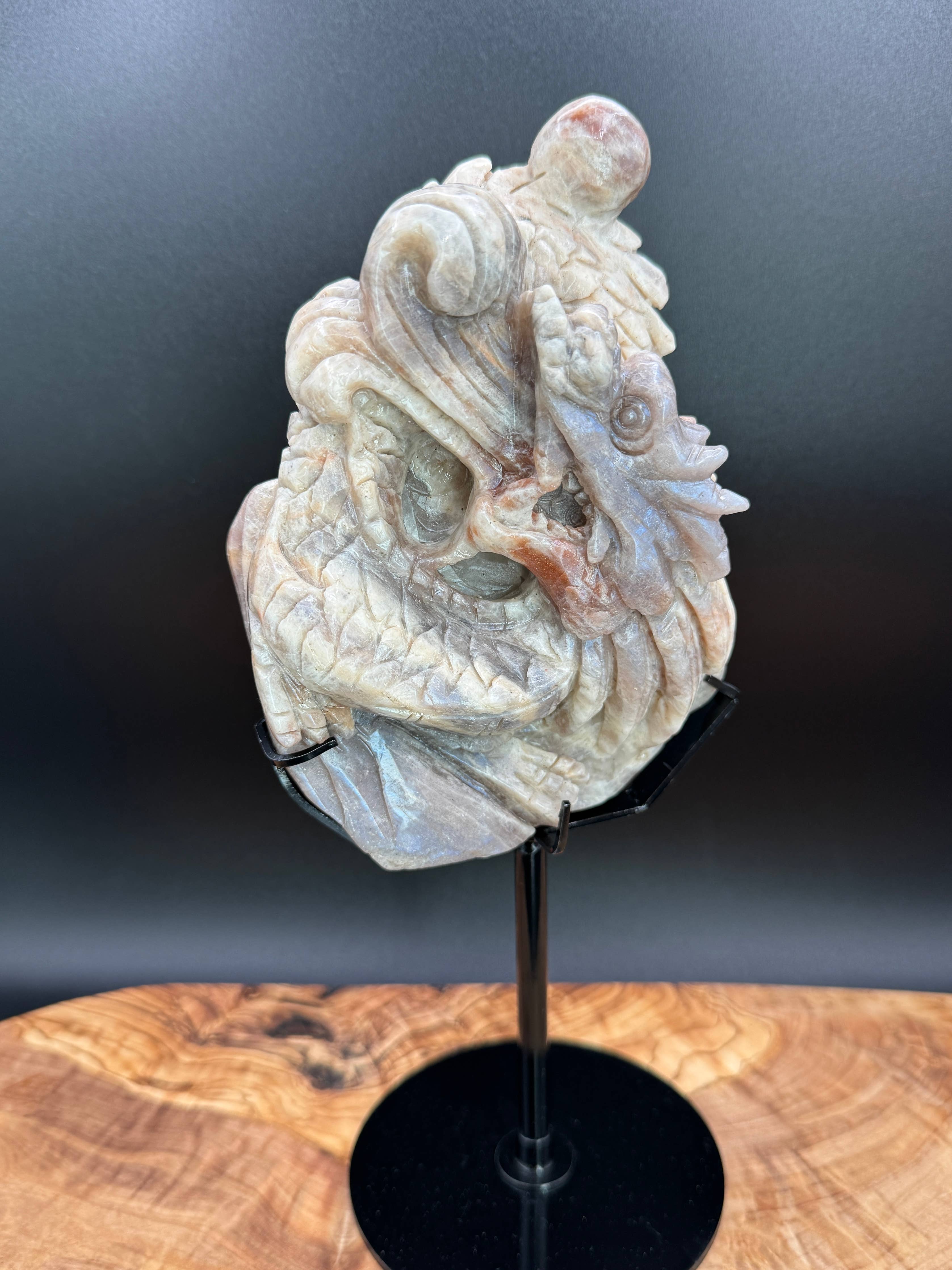 Moonstone Dragon Carving on Custom Display Stand  10 1/4"