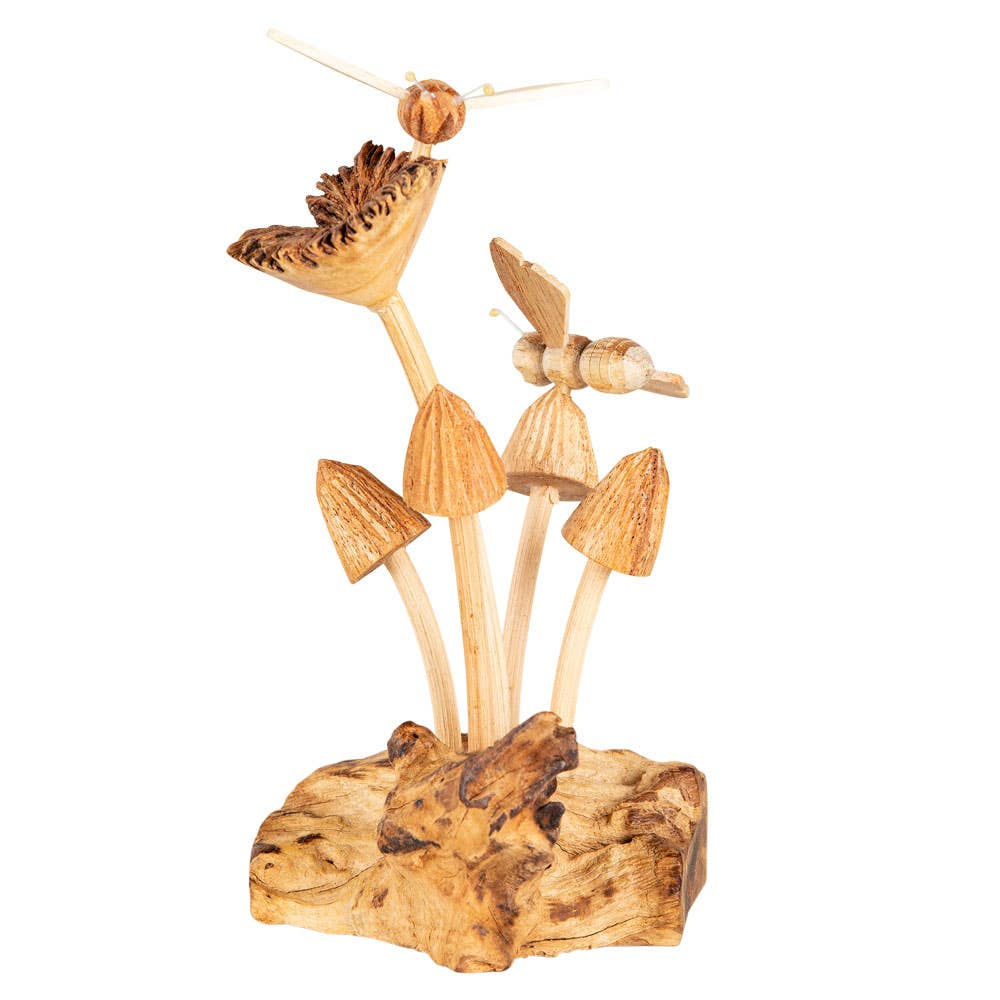 Woodland Bee & Mushroom Hand-Carved Wood Sculpture