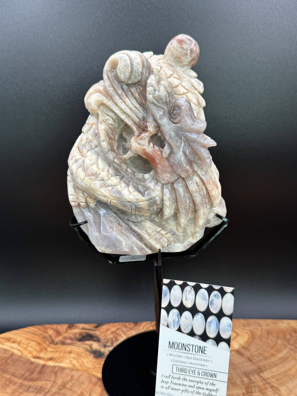 Moonstone Dragon Carving on Custom Display Stand  10 1/4"